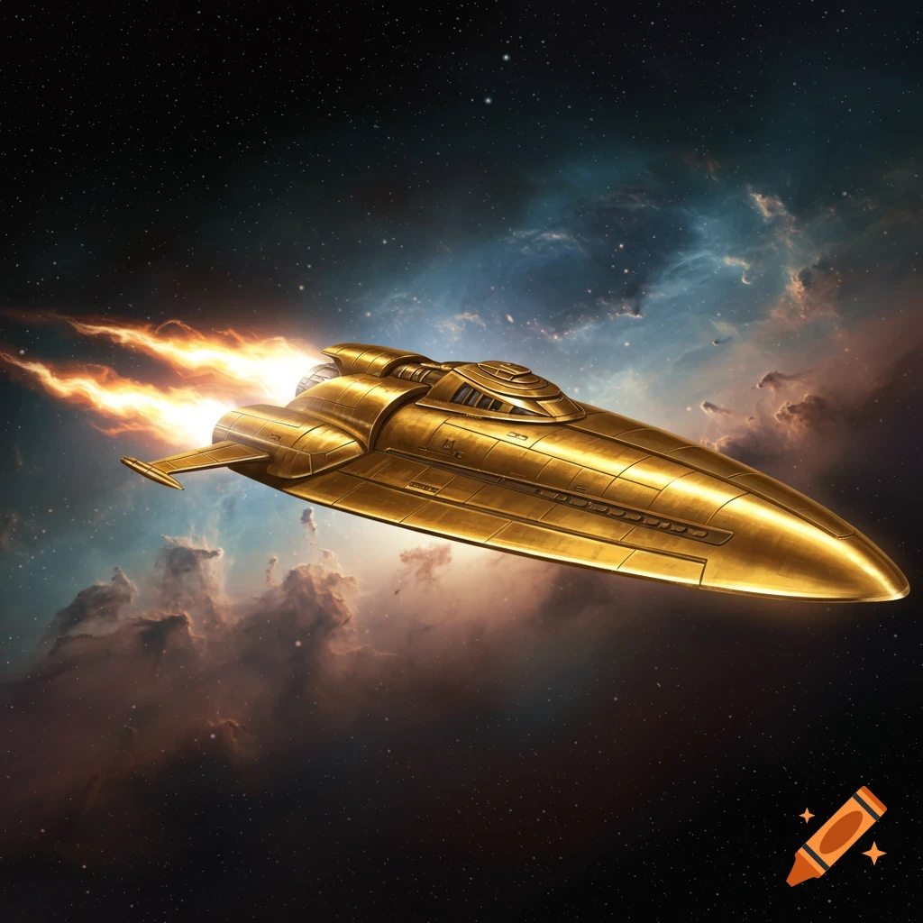 A sleek, golden brass racing starship with fiery engines speeding through a colorful nebula in deep space.