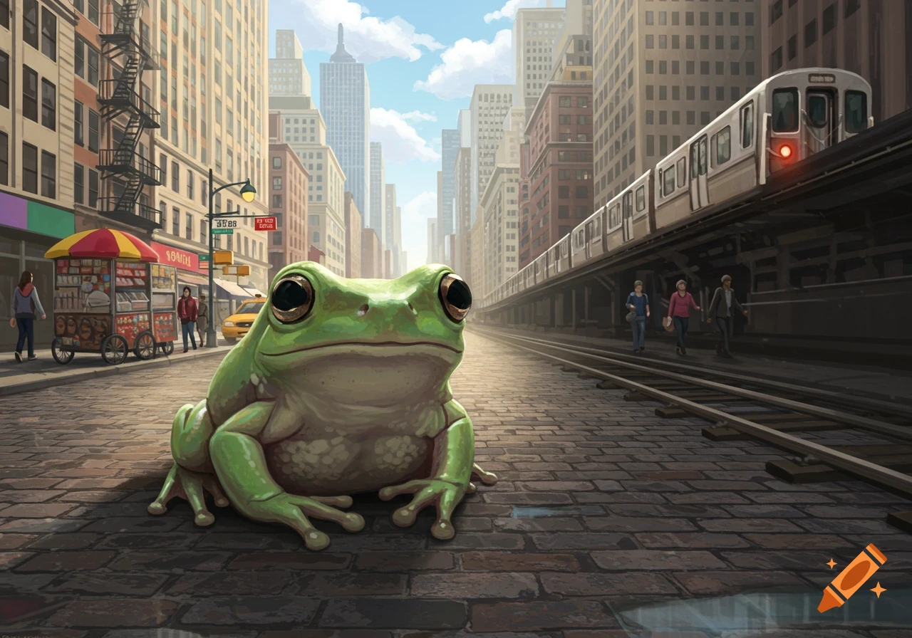 A large, green frog sits on a cobblestone street in a bustling city with tall buildings and an elevated train passing by. Illustrated.