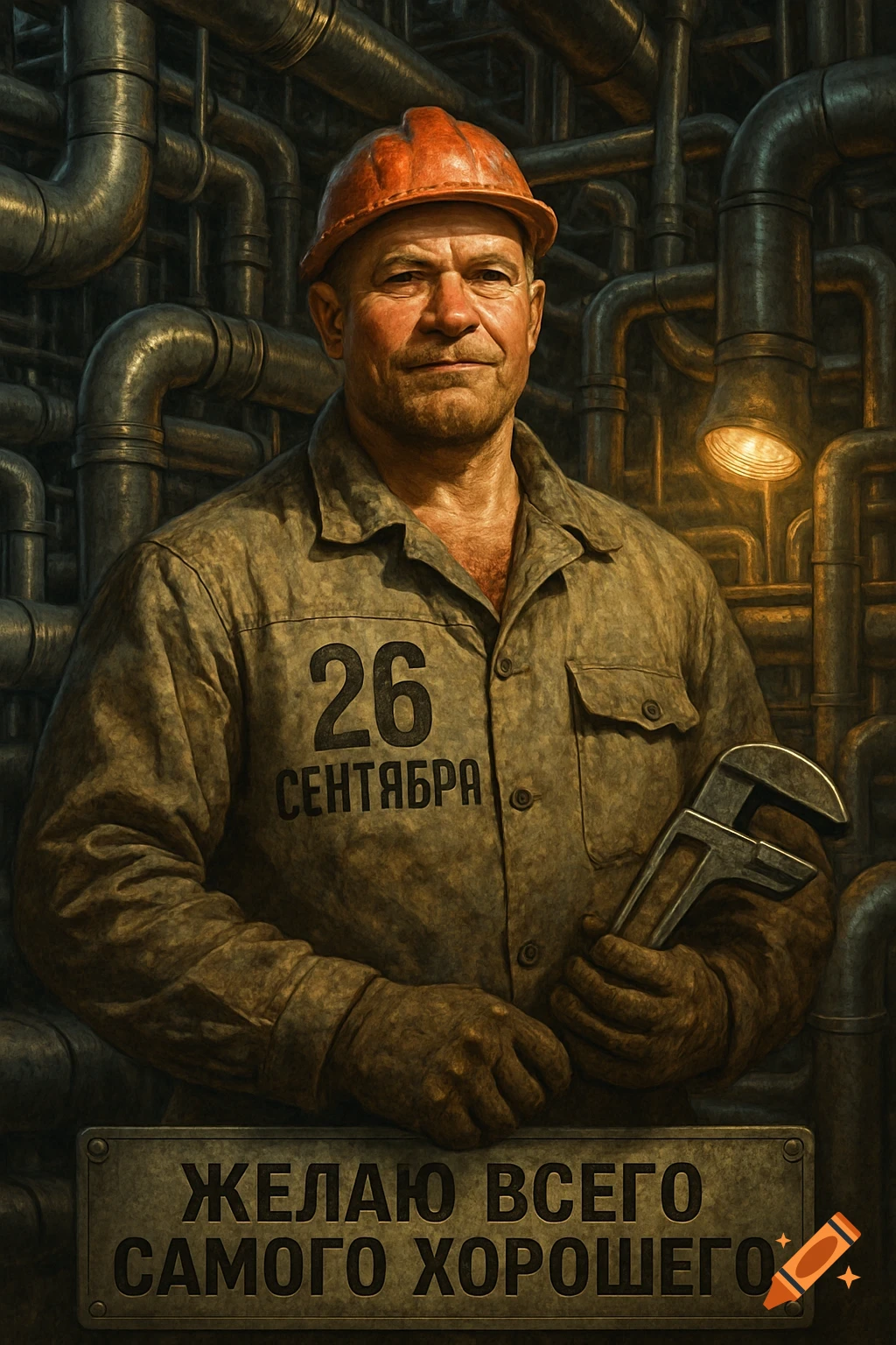 A rugged worker in an orange hard hat and uniform holds a wrench amidst industrial pipes. Text reads '26 SEPTEMBER' and 'I WISH YOU ALL THE BEST'.