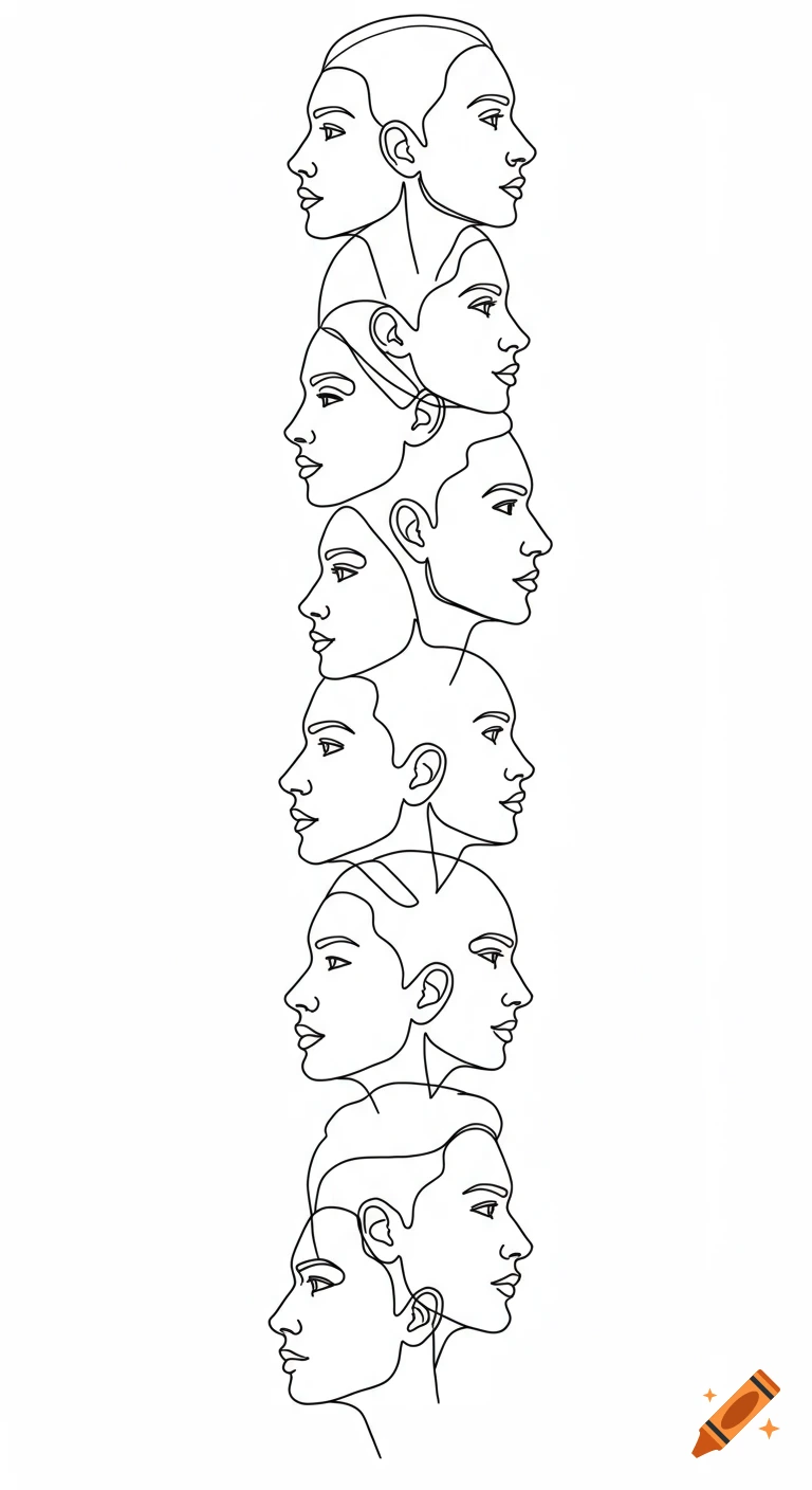 A minimalist black and white continuous line art illustration showing a vertical stack of six pairs of human side-profile faces.