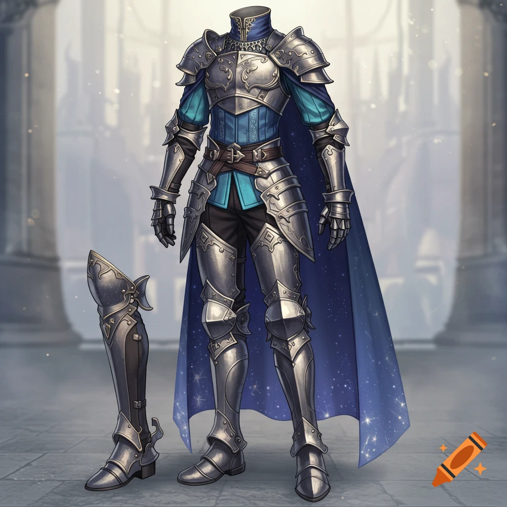 Elaborate silver fantasy armor with blue undertones and a shimmering blue cape, standing in a castle interior.