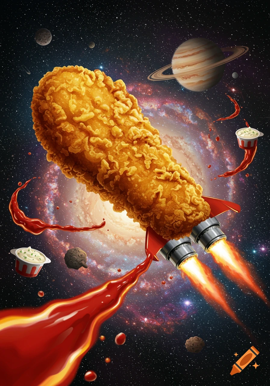 A deep-fried chicken finger shaped like a rocket ship blasts through a vibrant galaxy, with ketchup trails, planets, and sauce containers floating in space.