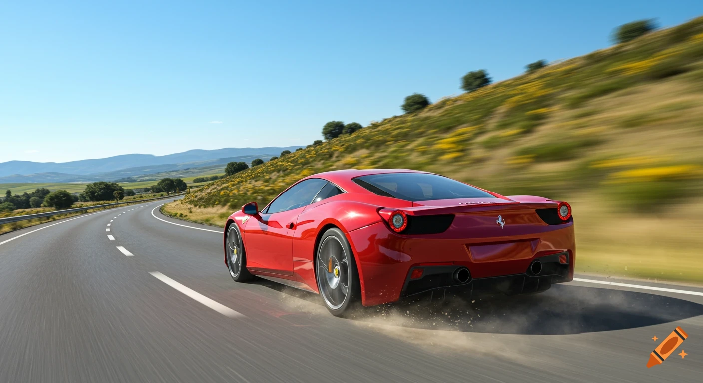 A red Ferrari speeds down a winding highway through a green and yellow landscape under a clear blue sky.