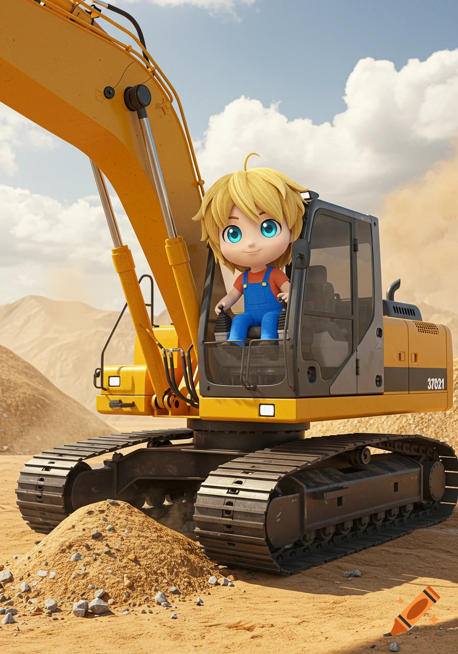 A cartoon child with blonde hair and blue eyes sits in a yellow excavator at a dusty construction site under a blue sky.