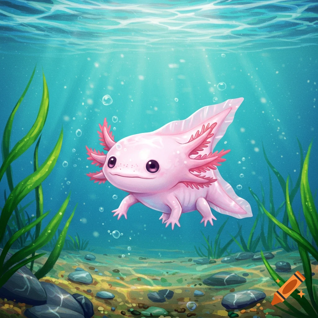 A cute pink axolotl with feathery gills swims in clear blue water over a rocky, plant-filled seabed. Cartoon style.