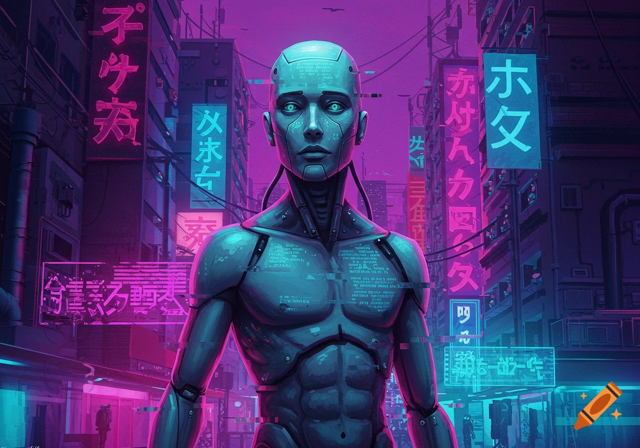 A humanoid robot with glowing green eyes and glitchy code on its body stands in a vibrant, neon-lit cyberpunk city, in 1980s anime style.