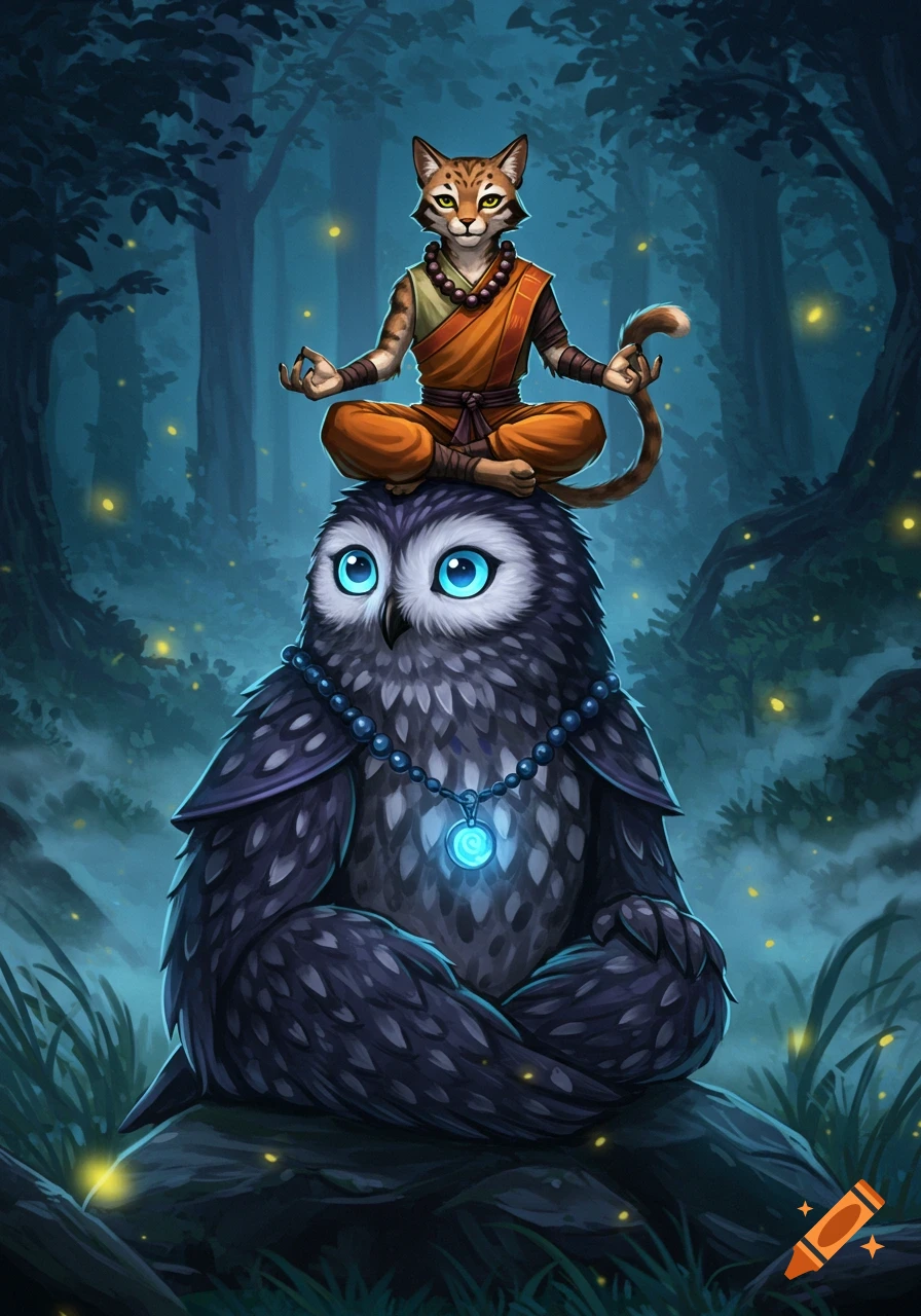 A cartoon cat monk meditates atop an owl's head in a mystical, glowing forest. The owl wears a beaded necklace with a glowing pendant.