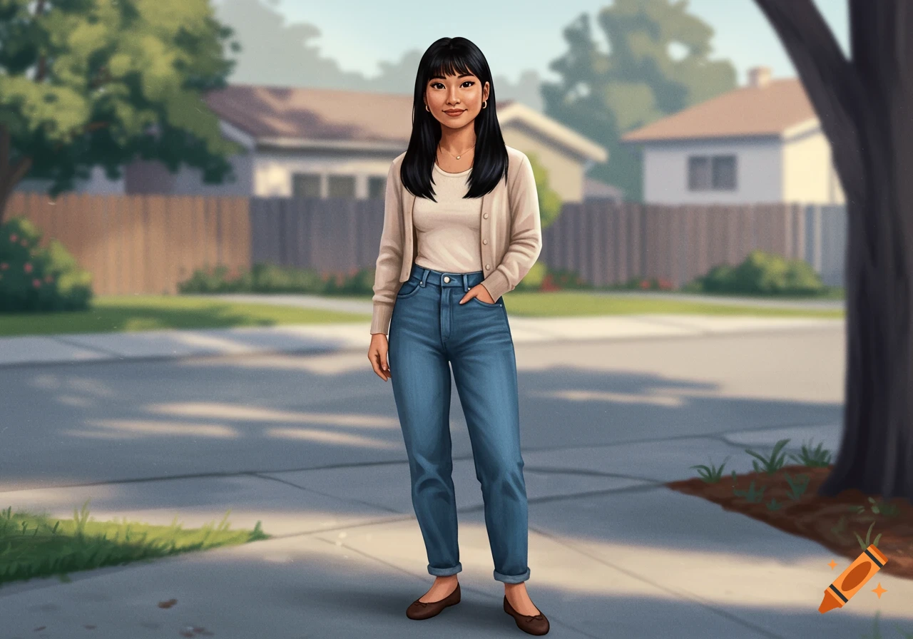 An illustrated young East Asian woman in a beige cardigan and blue jeans stands on a suburban sidewalk.