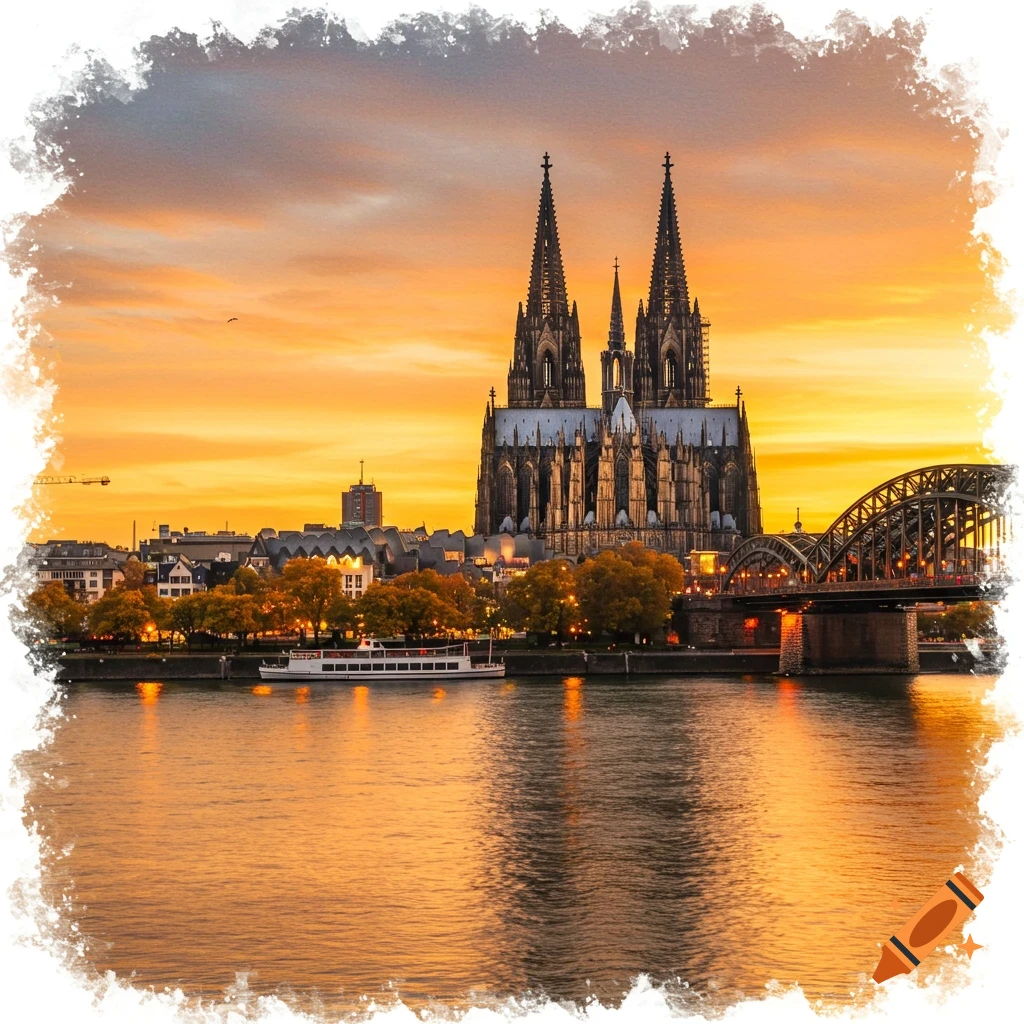 Cologne Cathedral and Hohenzollern Bridge over the Rhine River at sunset, with a white boat and trees.