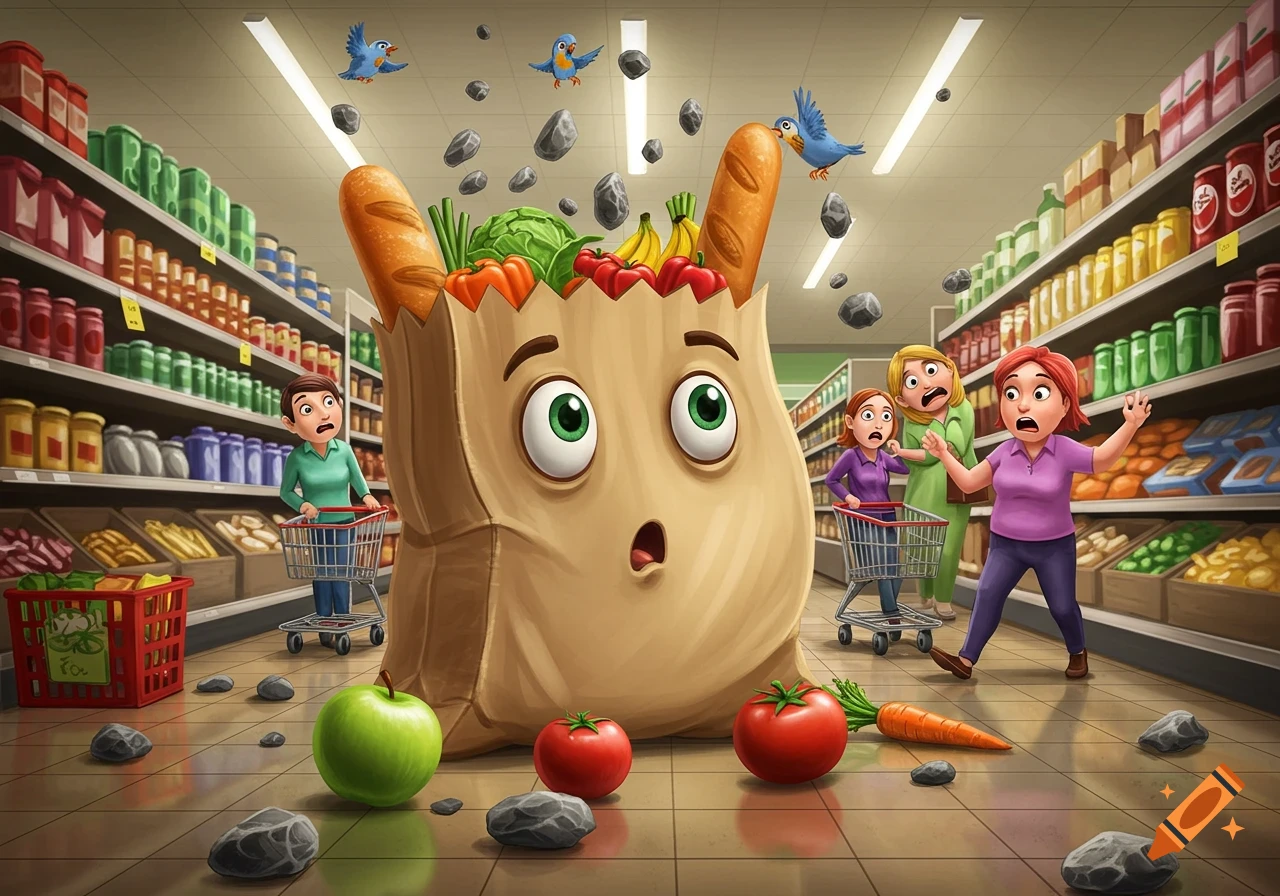 A scared anthropomorphic paper grocery bag, two women, and a man react in shock as rocks and birds fall from the ceiling in a cartoon grocery store aisle.