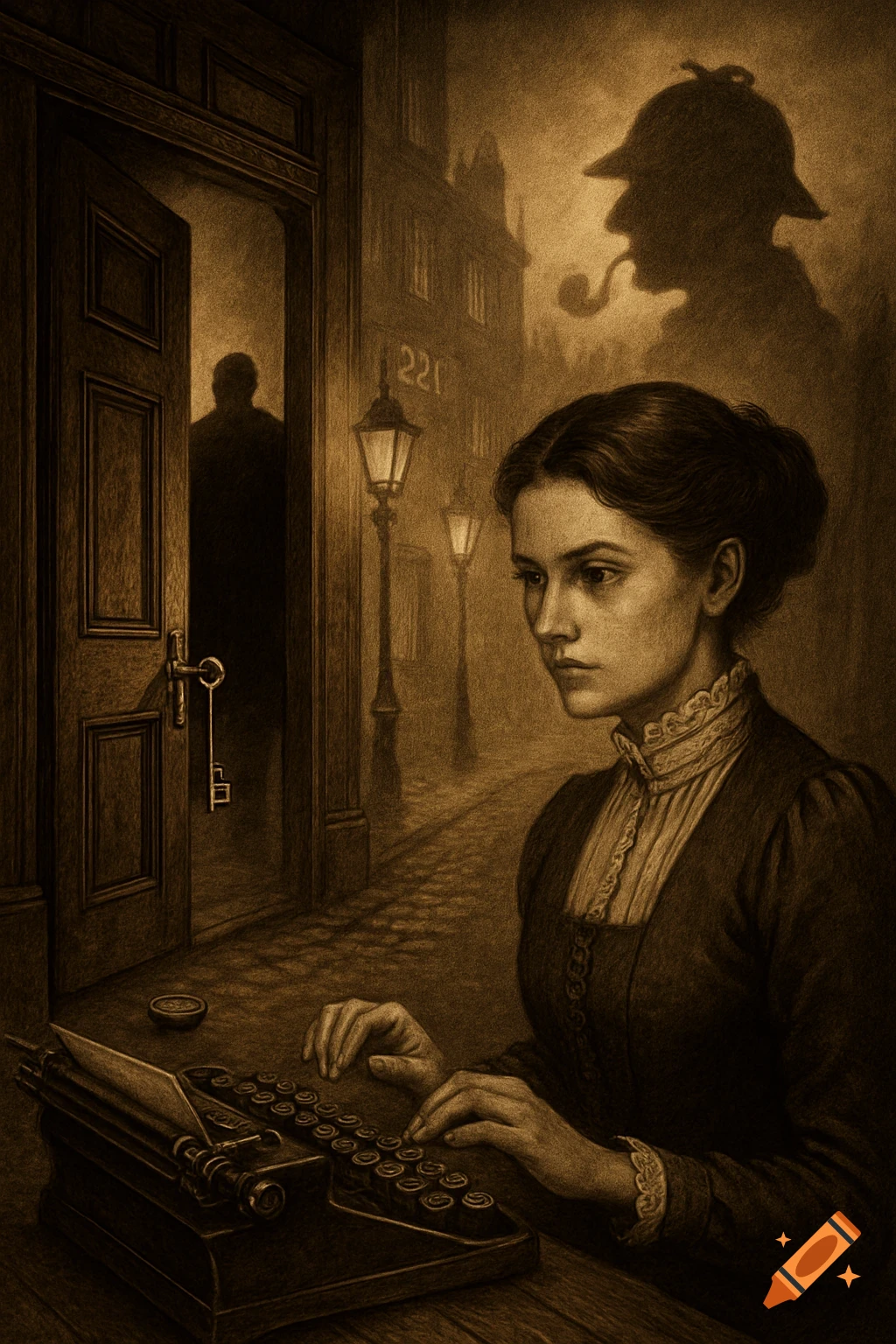Sepia-toned illustration of a Victorian typist with a mysterious open door and a Sherlock Holmes silhouette in the foggy background.
