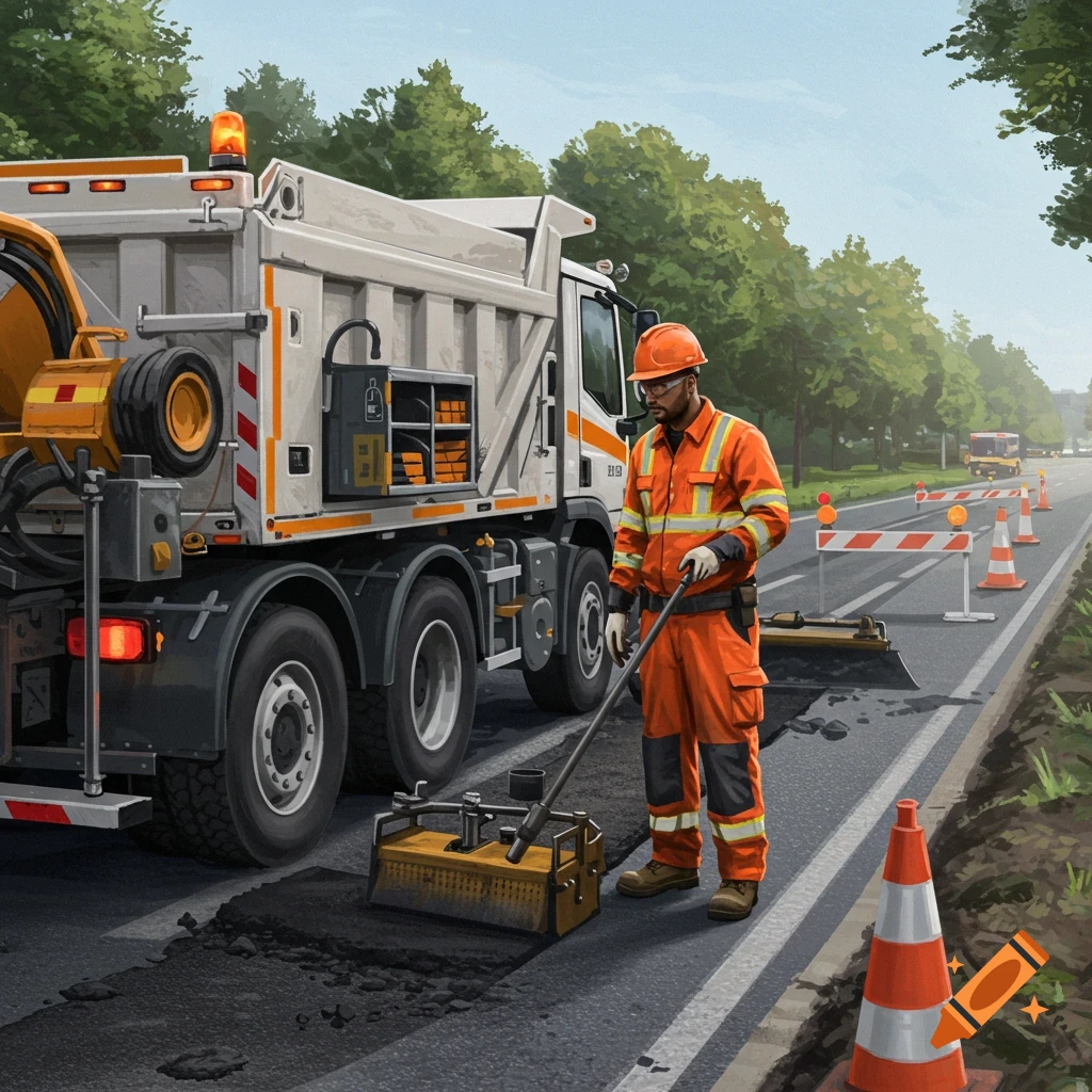 A road maintenance worker in orange safety gear operates equipment on a patched road next to a large dump truck. Road cones and barriers are visible on the side of the road.
