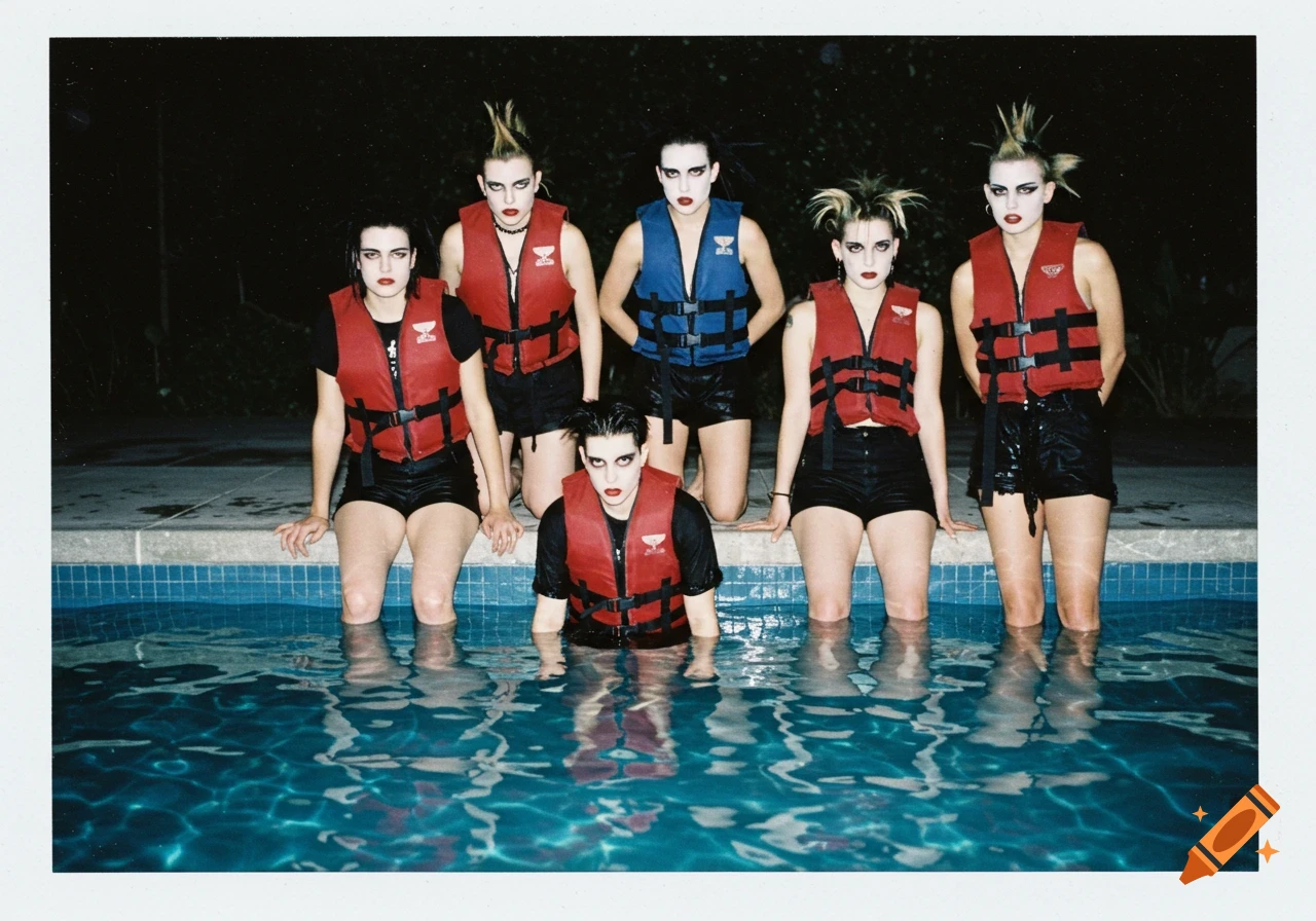 Six Goth punk individuals with heavy makeup and spiky hair, wearing life jackets and black shorts, by a pool at night in a 90s polaroid style.