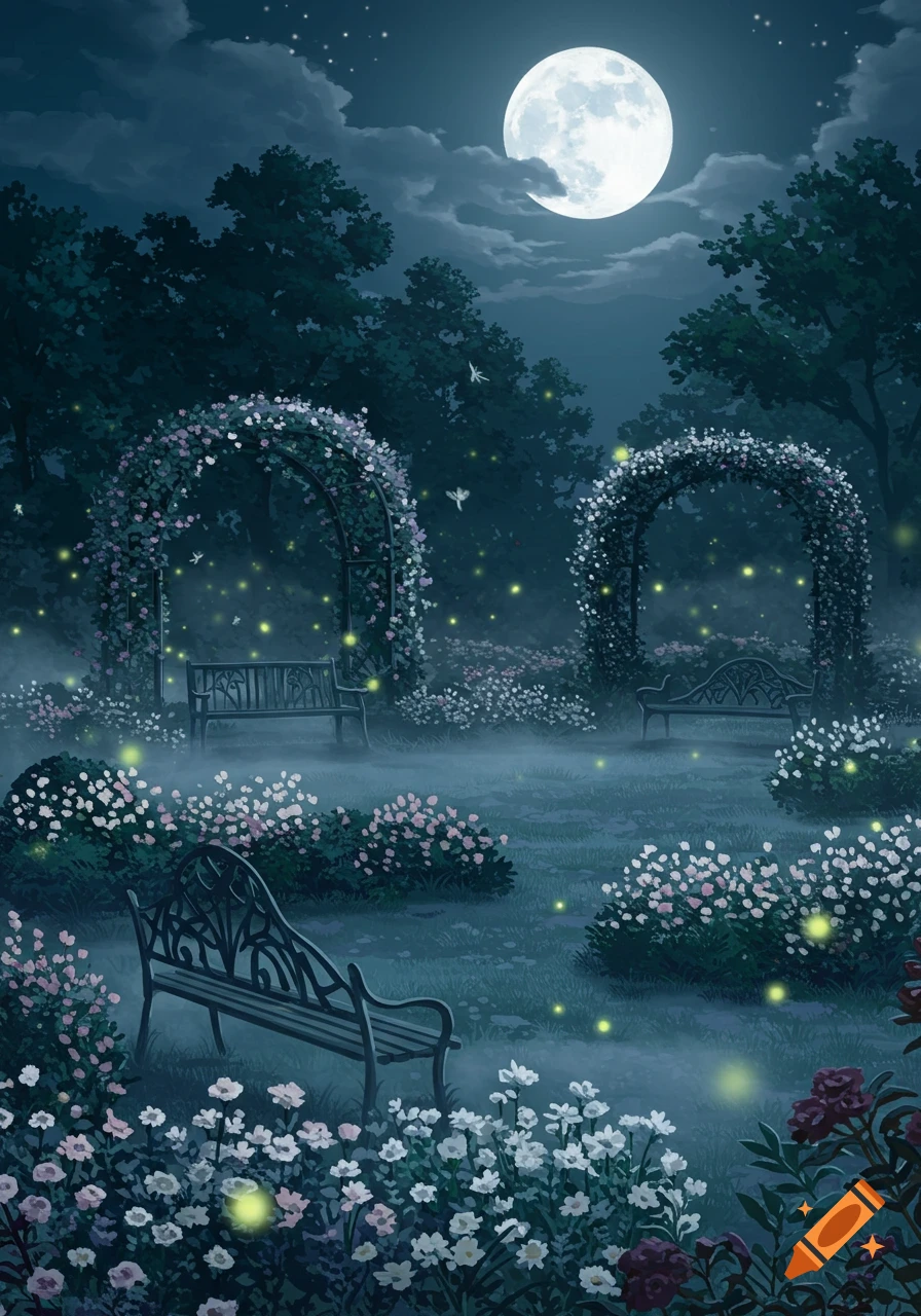 An illustrated night garden with a full moon, flowering arches, benches, and glowing fireflies.