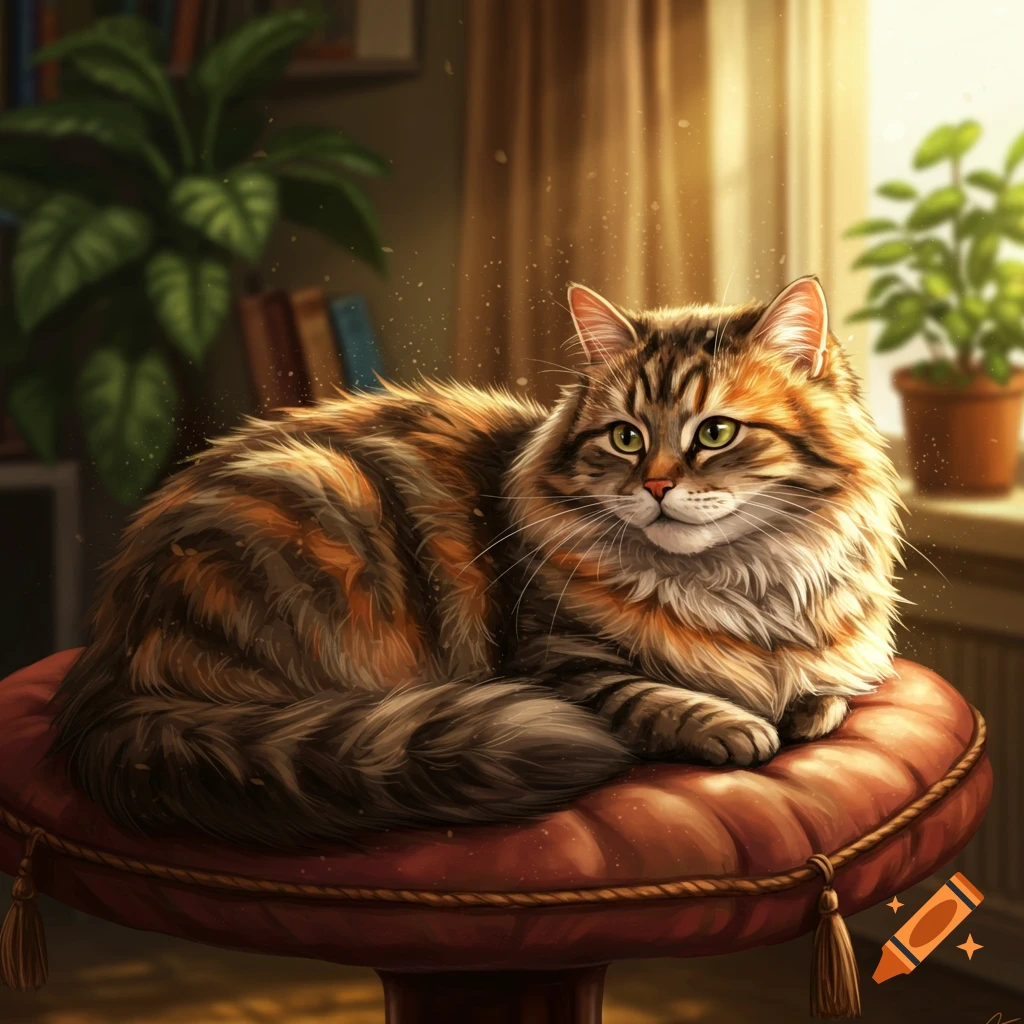 A fluffy brown, orange, and gray tabby cat with green eyes rests on a red cushion in a sunlit room.