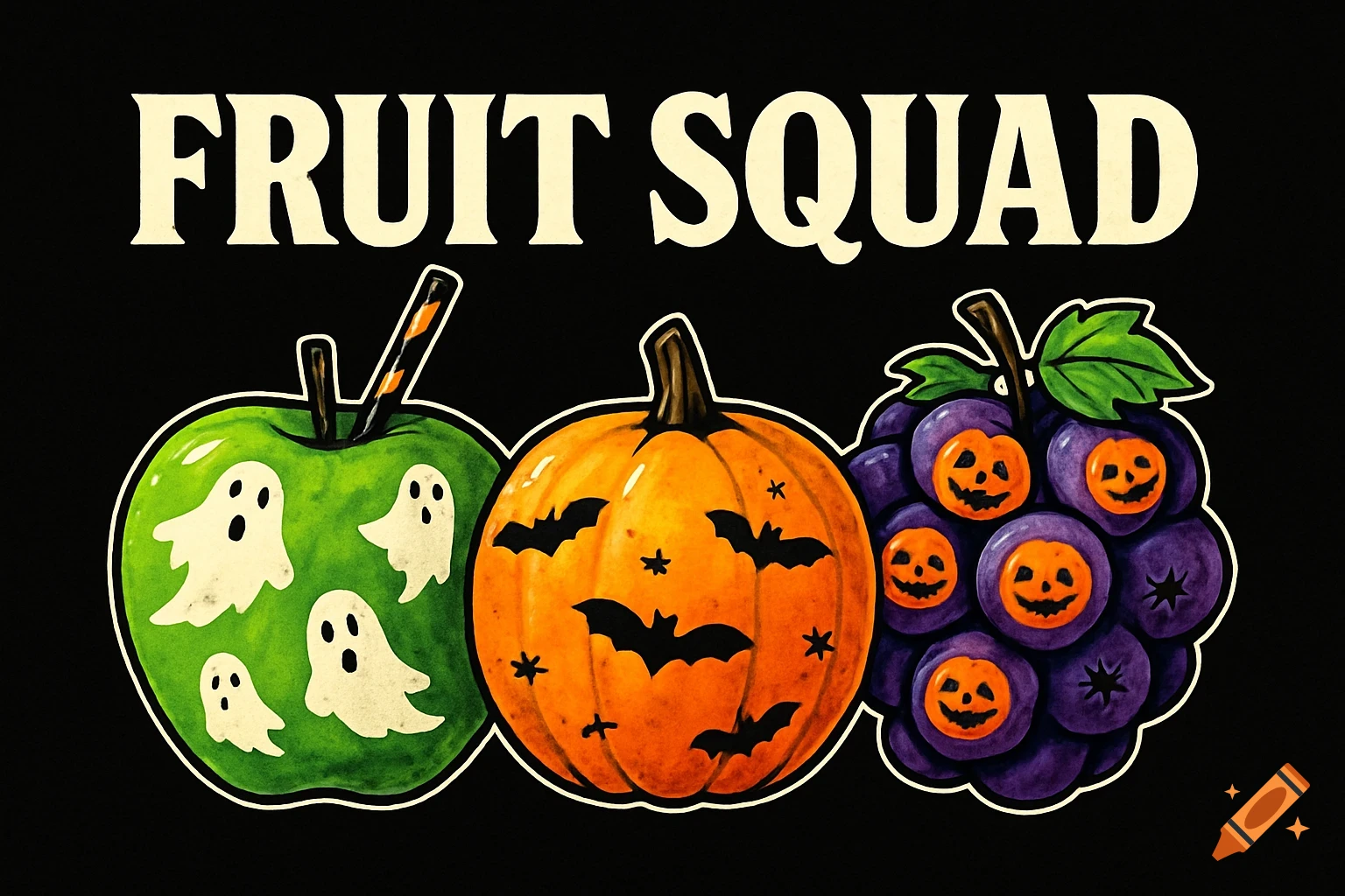 Watercolor graphic of Halloween-themed fruits: a ghost apple, a bat pumpkin, and jack-o'-lantern grapes, with 'FRUIT SQUAD' text.