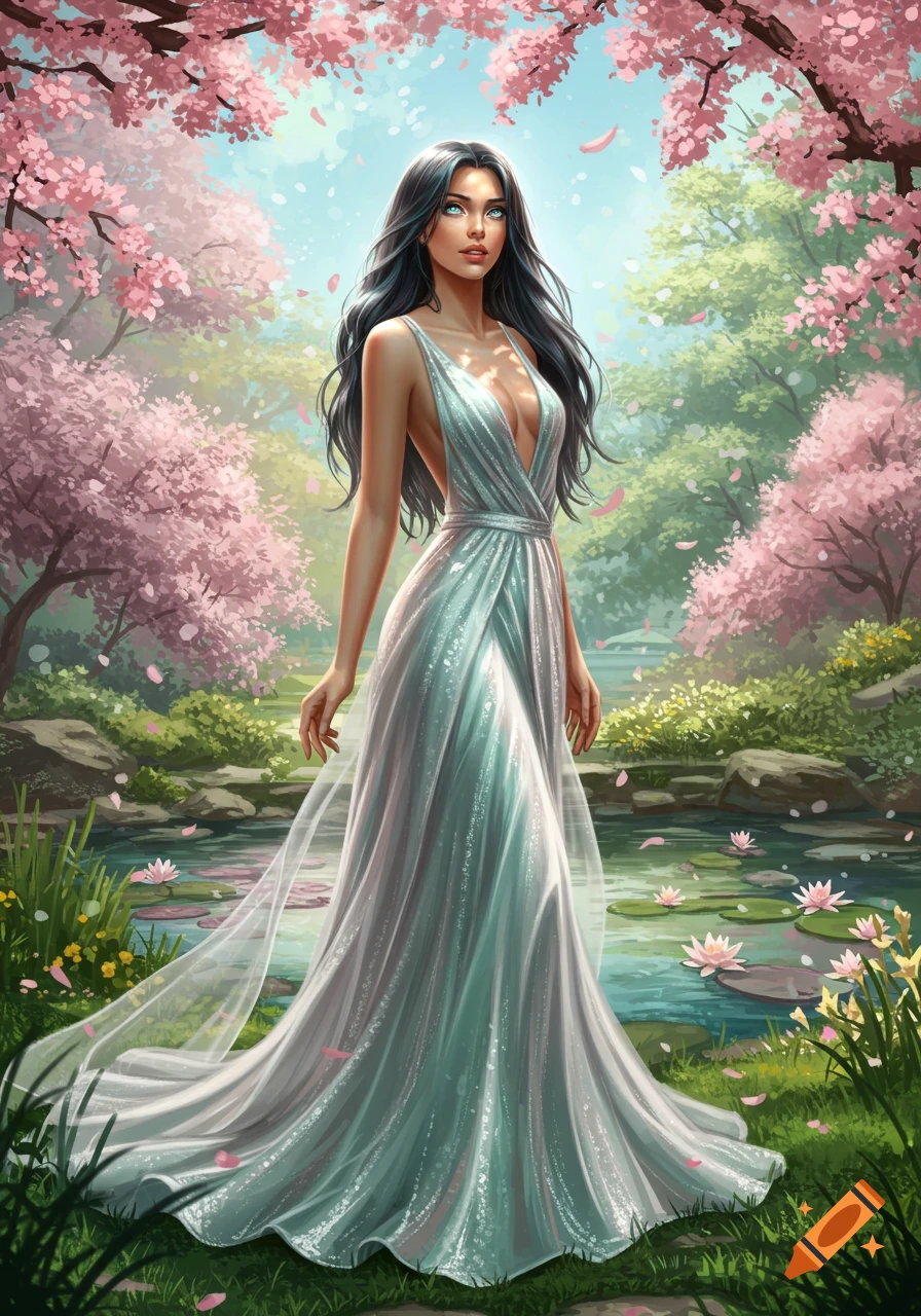 A beautiful woman in a shimmering light blue gown stands in a lush spring garden with pink cherry blossoms and a lily pond.