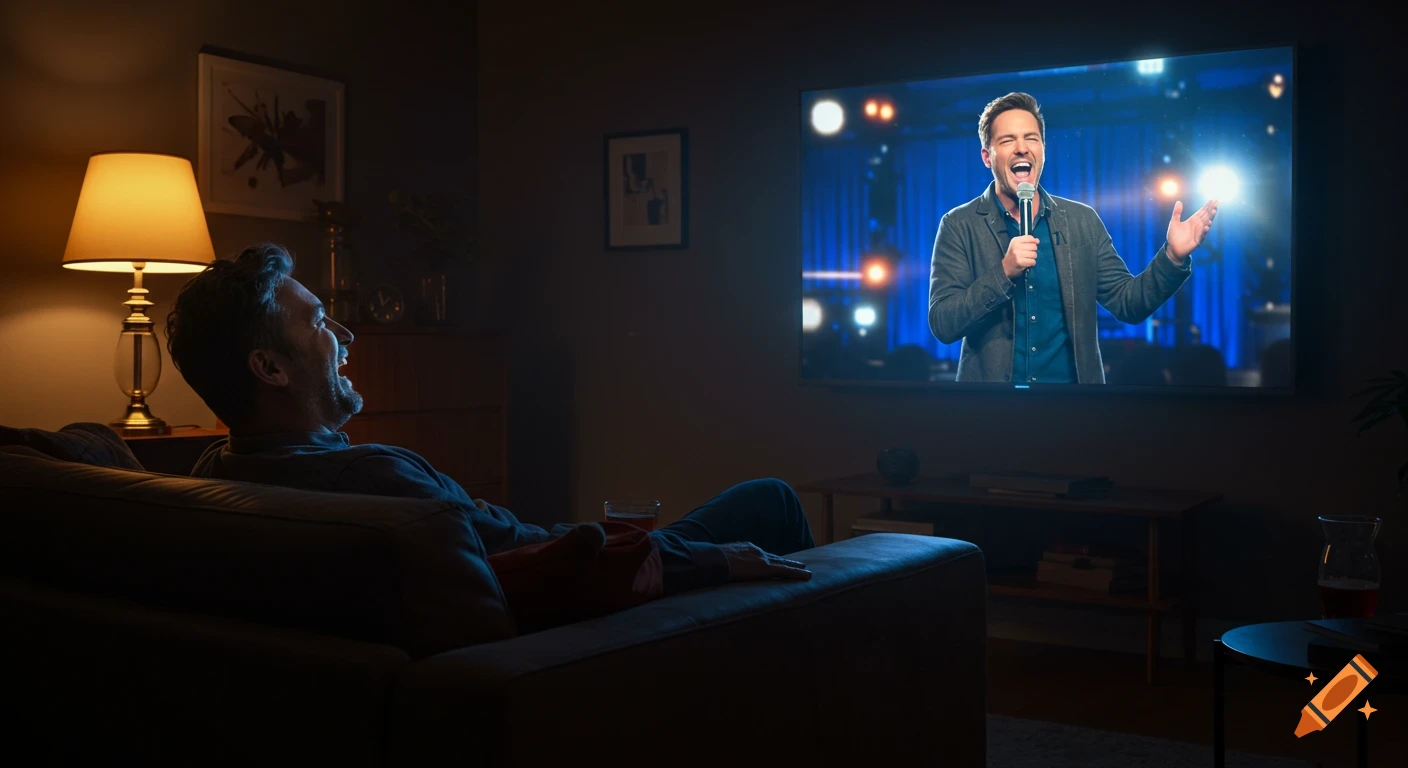 A man laughs heartily on a sofa in a dimly lit living room, watching a comedian perform on a wall-mounted TV.