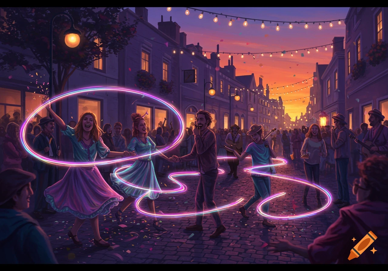 A vibrant illustration of people dancing in a street festival at sunset, with glowing neon light trails and confetti.
