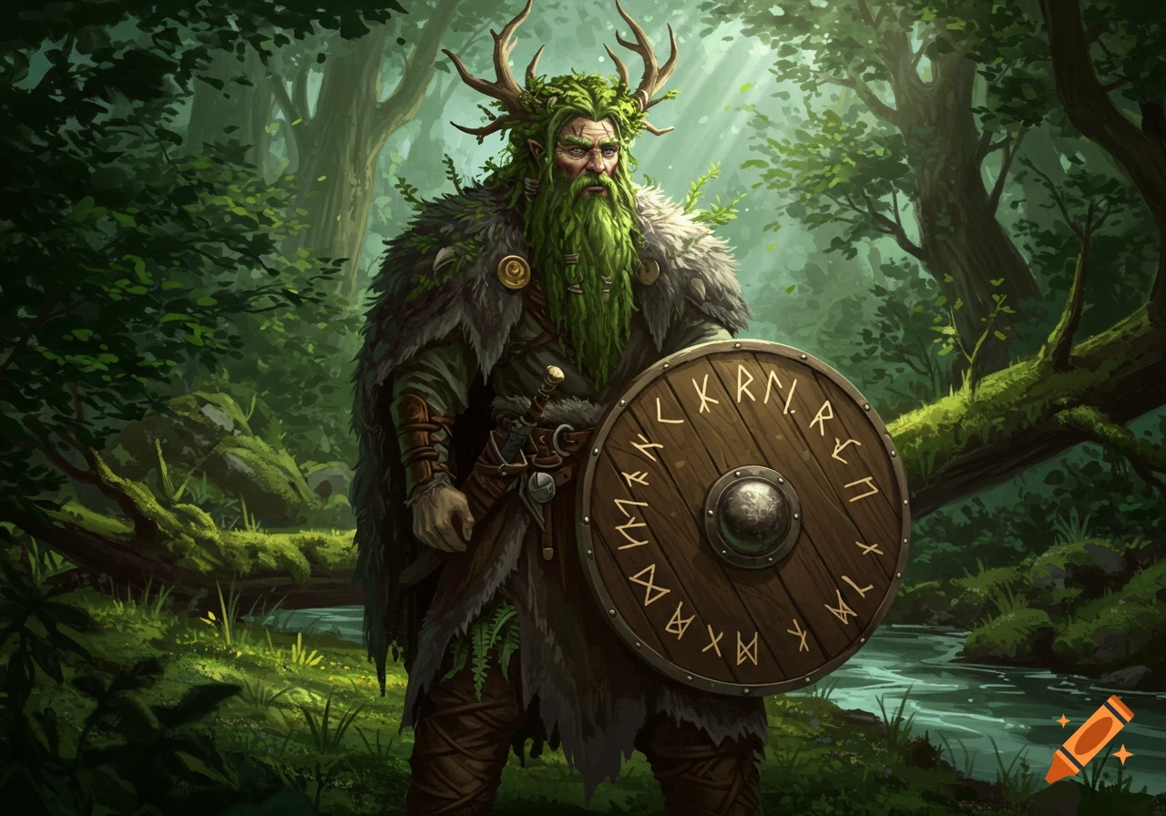 A bearded druid with antlers and mossy hair, wearing fur, holds a wooden shield with runes in a lush forest.