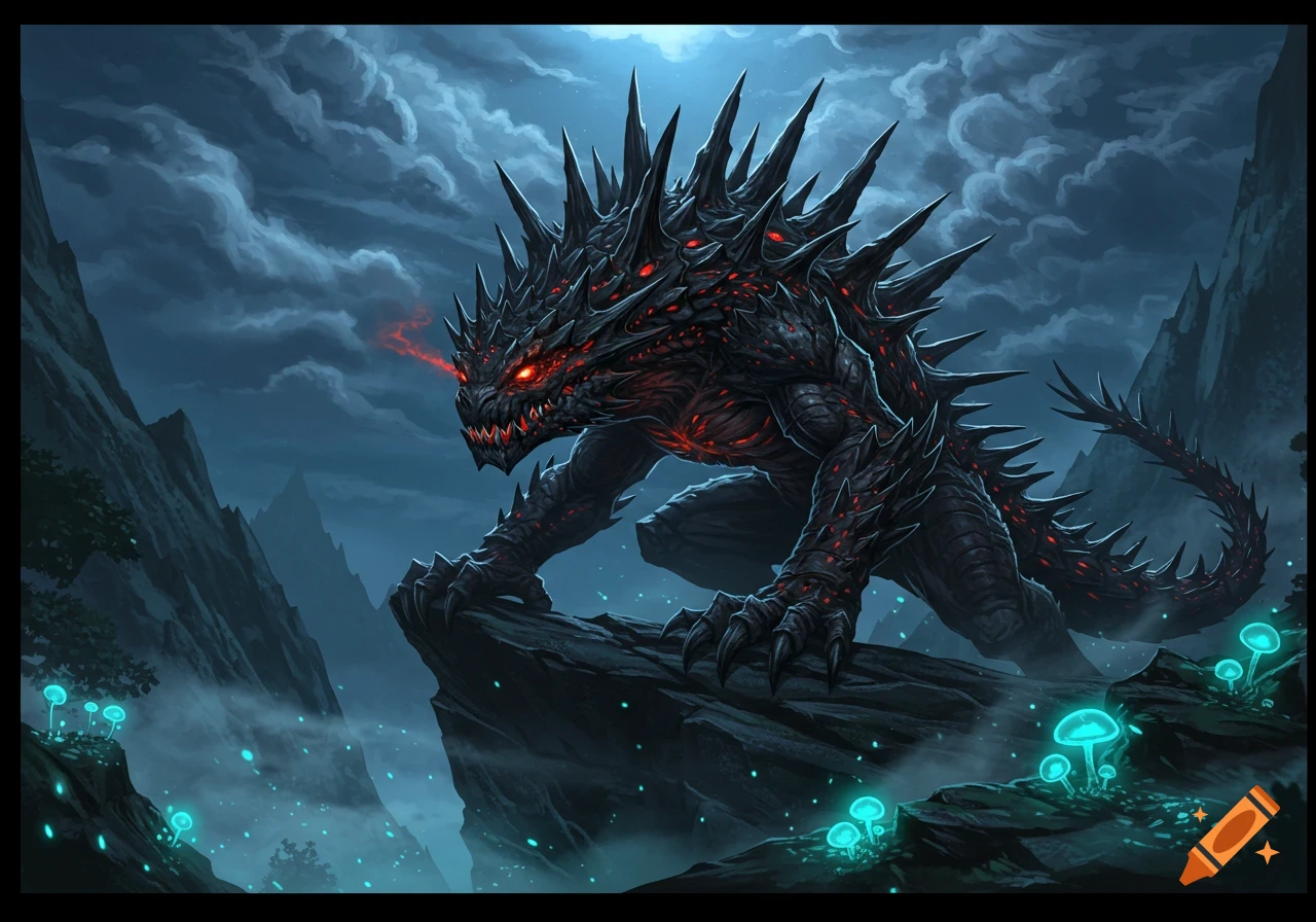 A dark, spiky monster with glowing red eyes and fiery breath stands on a rock in a foggy, moonlit mountainous landscape with glowing blue mushrooms.