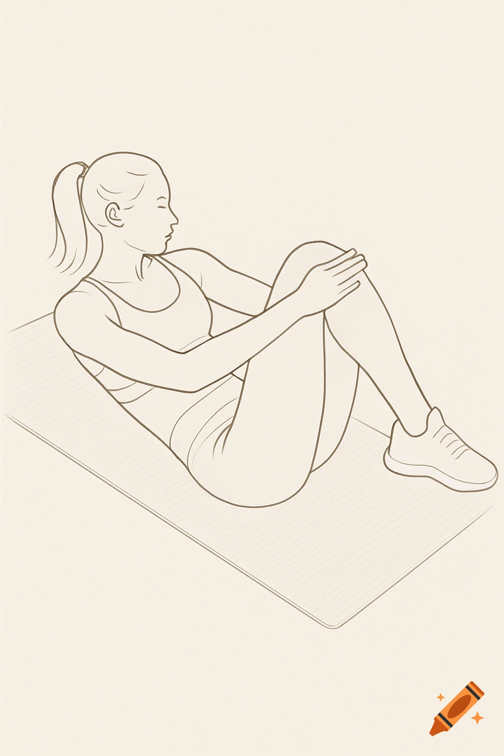 Line drawing of a woman doing an abdominal exercise on a mat.
