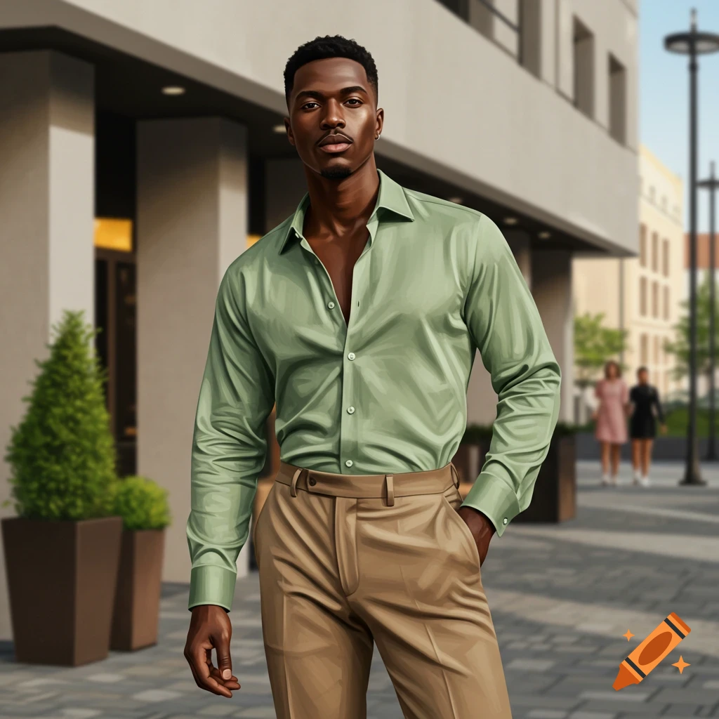 Photorealistic image of a dark-skinned man in a sage green shirt and tan pants, standing on a city sidewalk.
