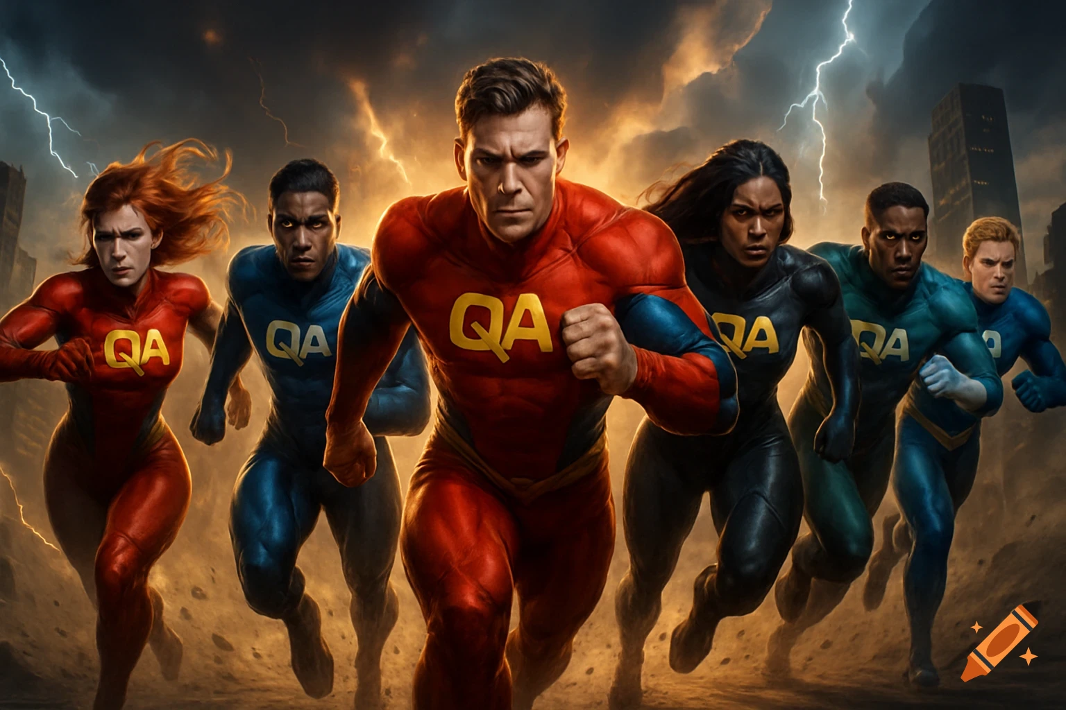 Six diverse superheroes in sleek uniforms with 'QA' on their chests run towards the viewer, against a stormy, lightning-filled urban background.