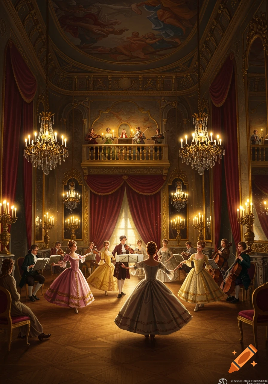 A lavish baroque ballroom with people in period attire dancing while musicians play instruments from an ornate balcony.