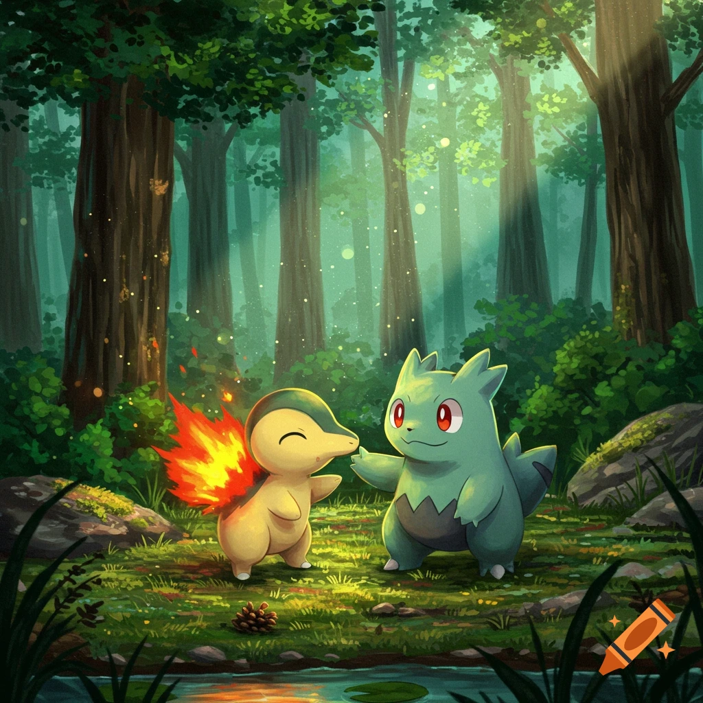 Illustrated image of Cyndaquil and Larvitar meeting in a lush, sun-dappled forest beside a stream.