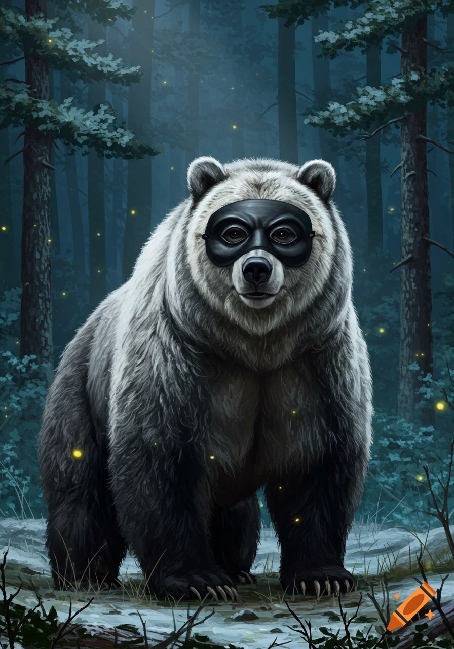 A gray bear wearing a black burglar's mask stands in a dark, misty forest with glowing fireflies.