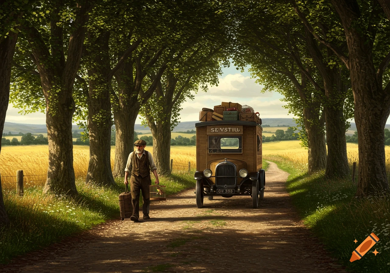 A man follows a vintage wooden moving van loaded with luggage on a dirt road under a canopy of trees, with a golden field in the background.