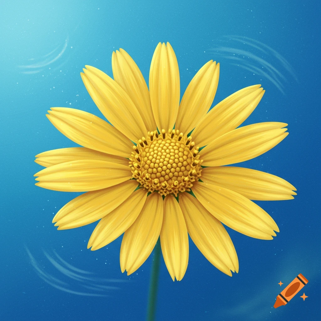 A vibrant yellow flower with many petals and a detailed center, set against a bright blue background with subtle light waves.