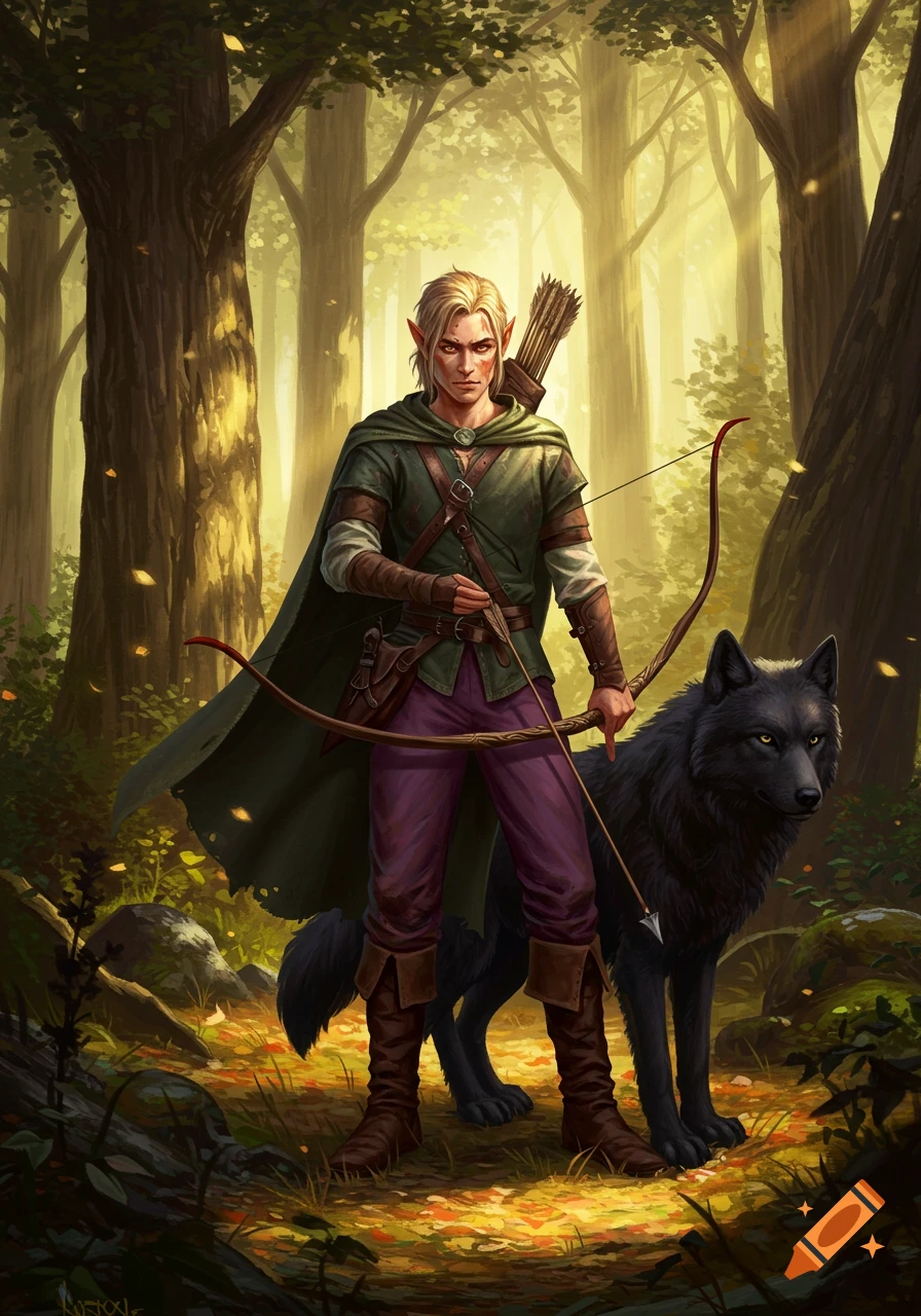 A male elf ranger with a bow and a black wolf companion stands in a sunlit forest, digital painting.