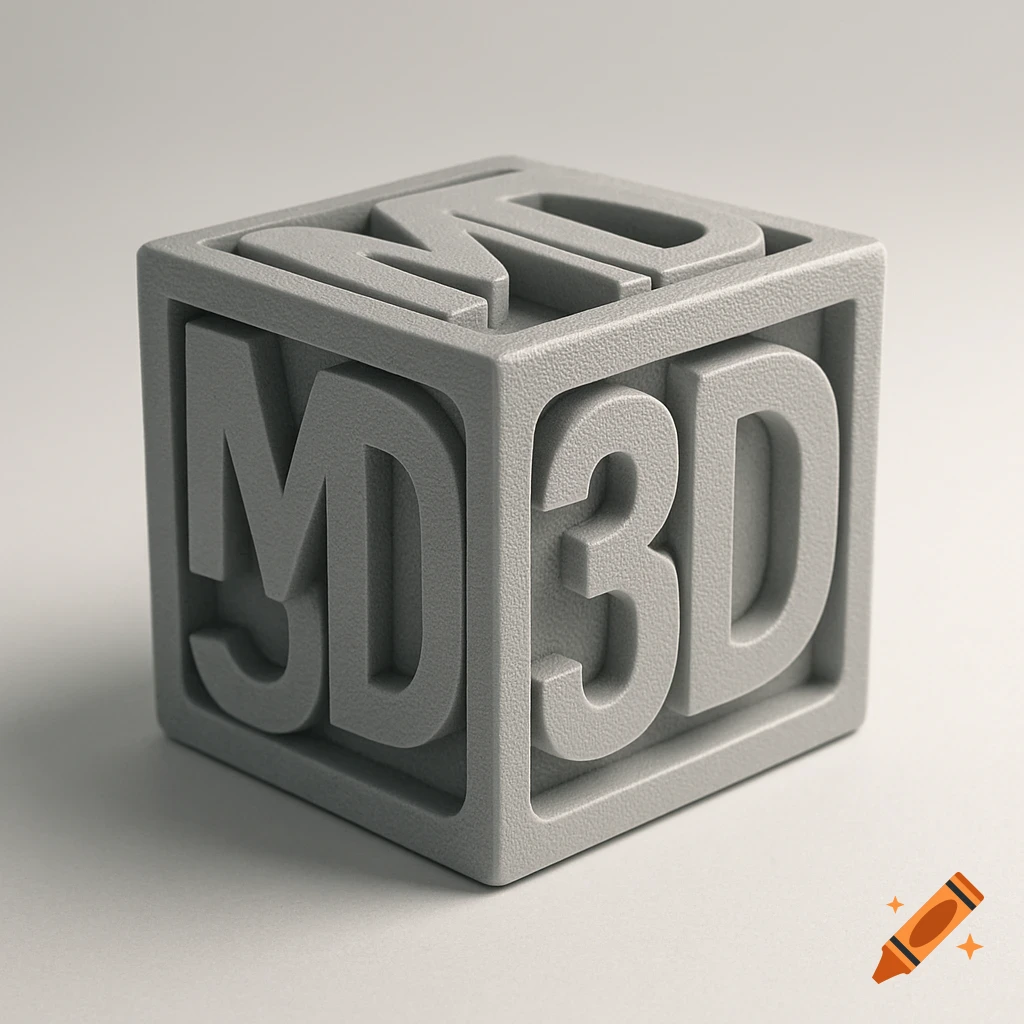 A grey, textured cube with the letters 'MD3D' embossed on its faces, resembling a 3D-printed object.