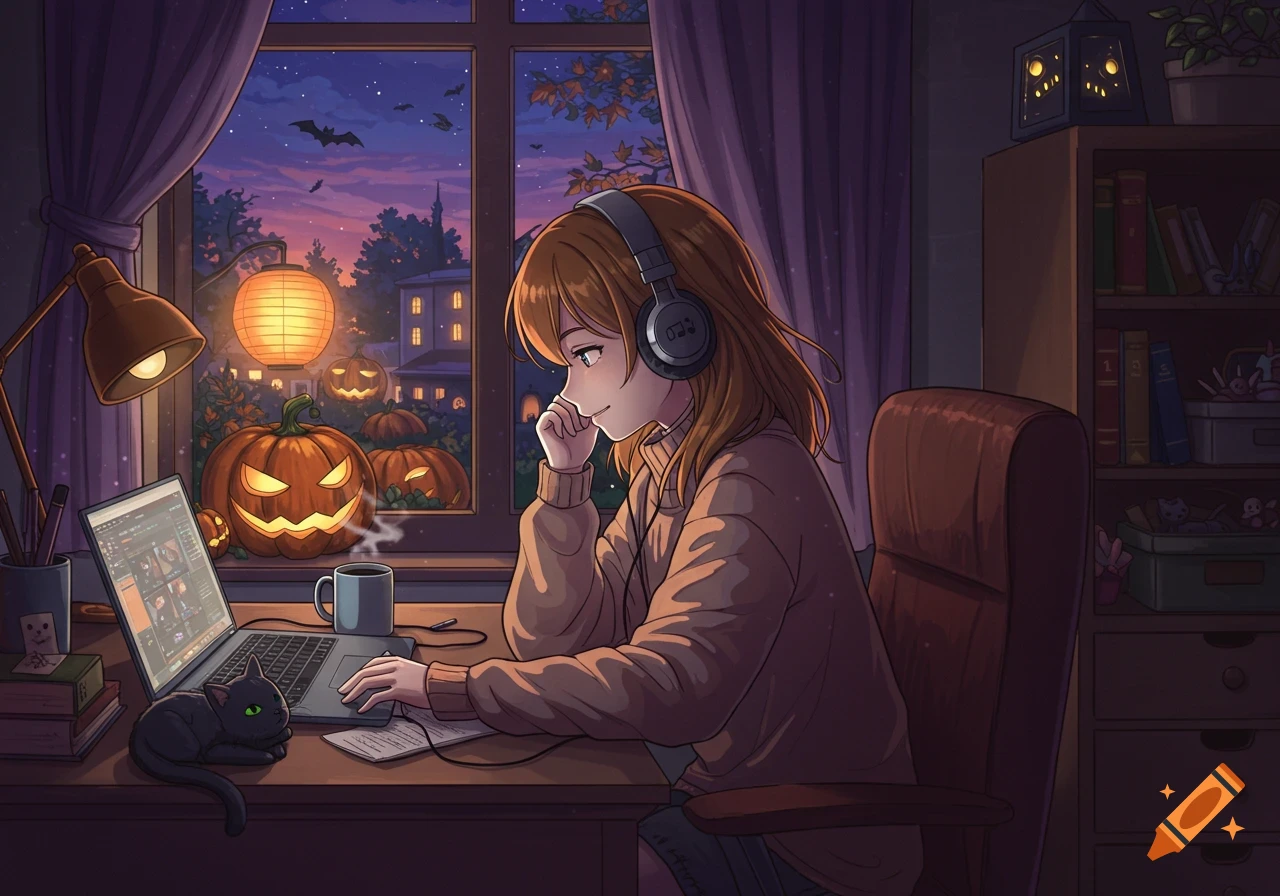 Anime girl wearing headphones, working on a laptop with her black cat, surrounded by Halloween pumpkins outside her window.