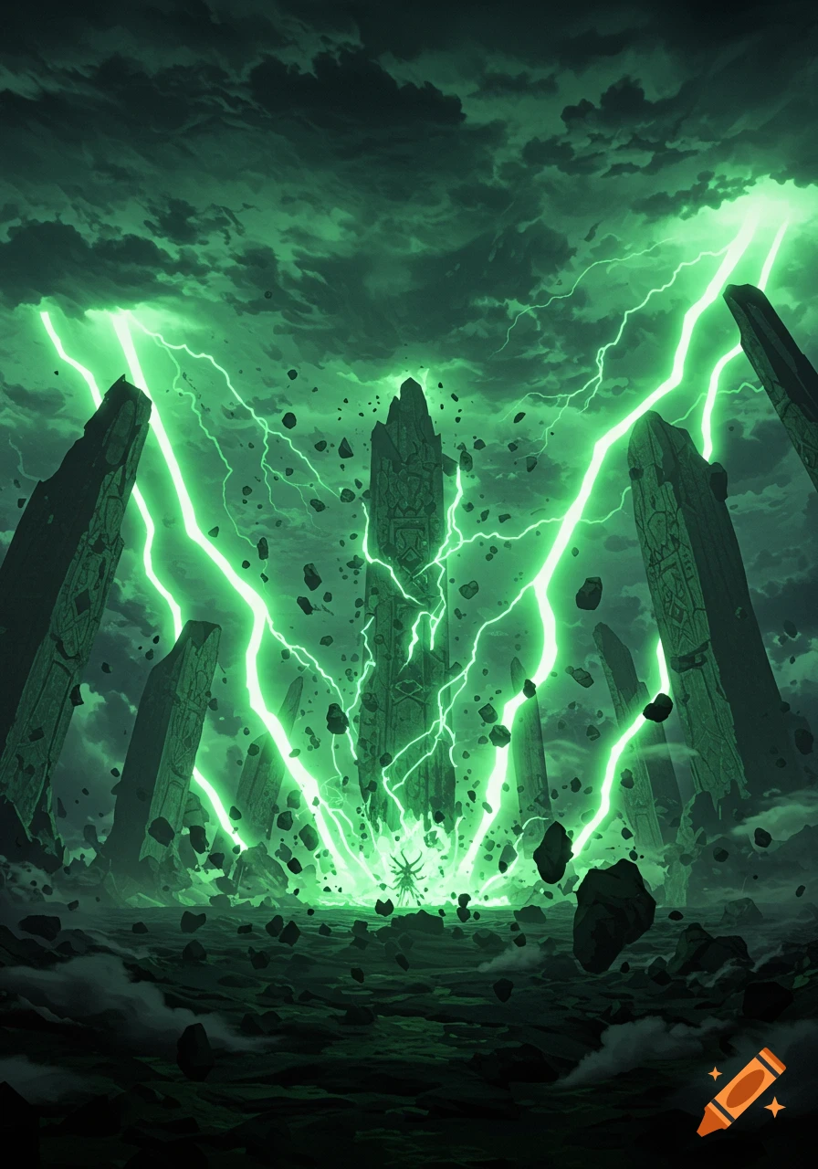 A dark fantasy landscape featuring towering, ancient monoliths being struck by vibrant green lightning amidst a stormy sky and flying debris.