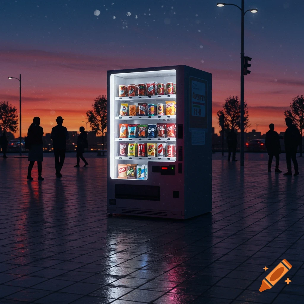 A brightly lit vending machine on a wet city sidewalk at dusk, with silhouetted people in the background, photorealistic.