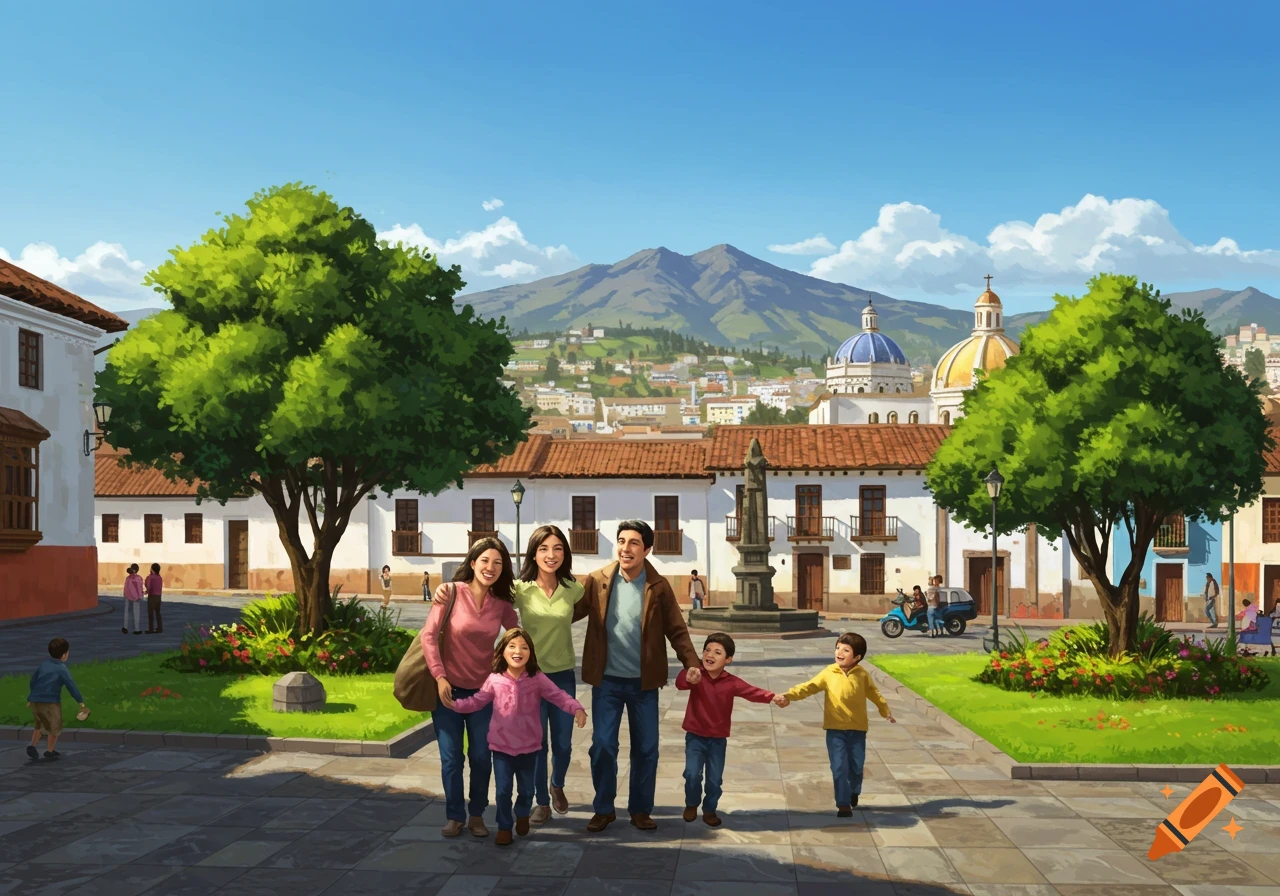 An illustrated happy family with three children walks in a bright colonial town square in Quito, mountains and buildings in the background.