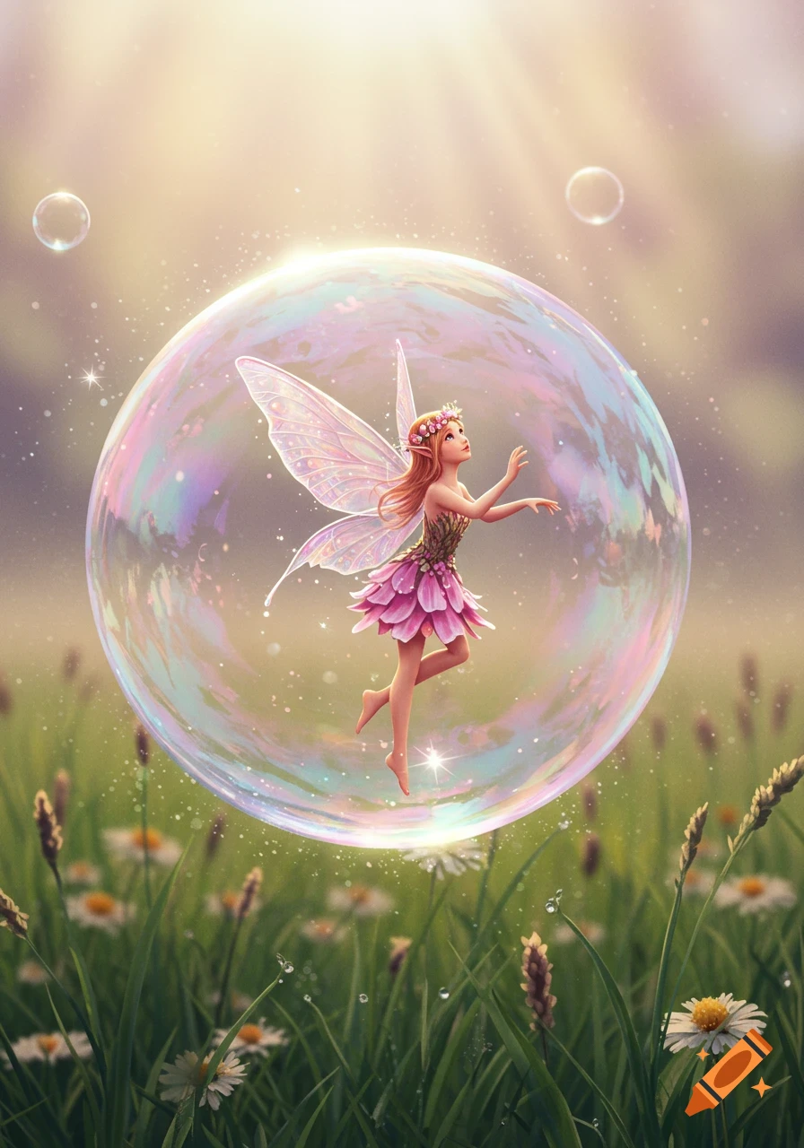 A whimsical fairy with pink wings and a floral dress floats inside a large iridescent soap bubble in a sunny field of grass and daisies.