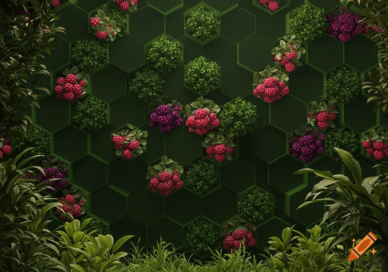 A green hexagonal wall features panels filled with lush bushes and clusters of red and purple berries, framed by foreground plants.