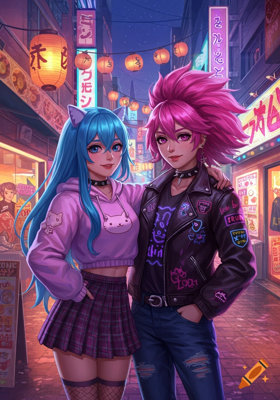 Two anime women, one with blue hair and cat ears, one with pink spiky hair, pose on a neon-lit city street at night.