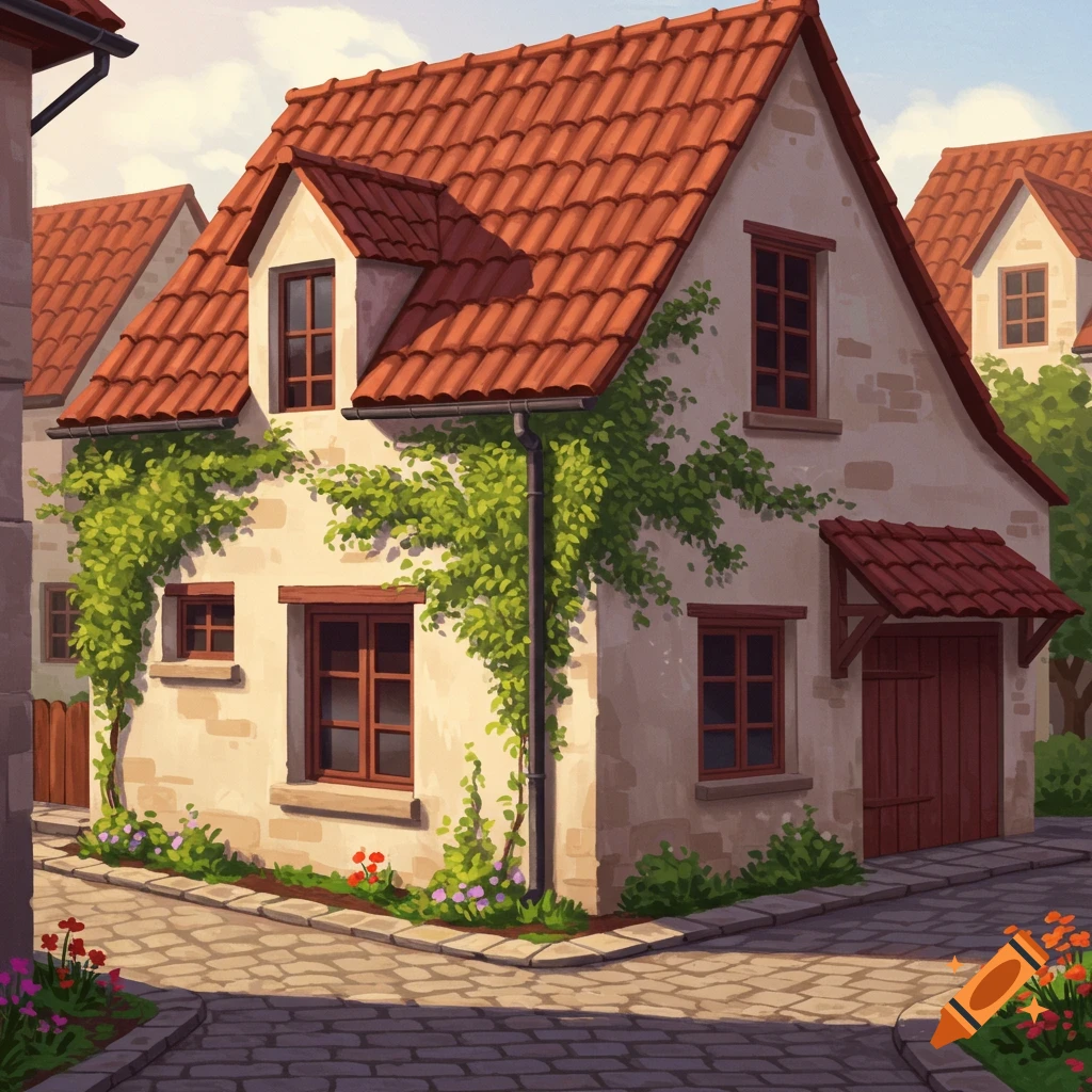 Painterly illustration of a charming house with a red-tiled roof, light facade, and green ivy on a cobblestone street.