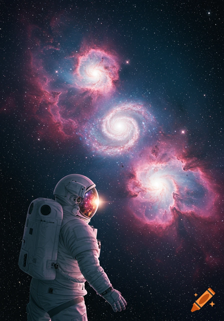 An astronaut in a white suit floats in dark space, looking up at three vibrant pink and purple spiral galaxies and countless stars.