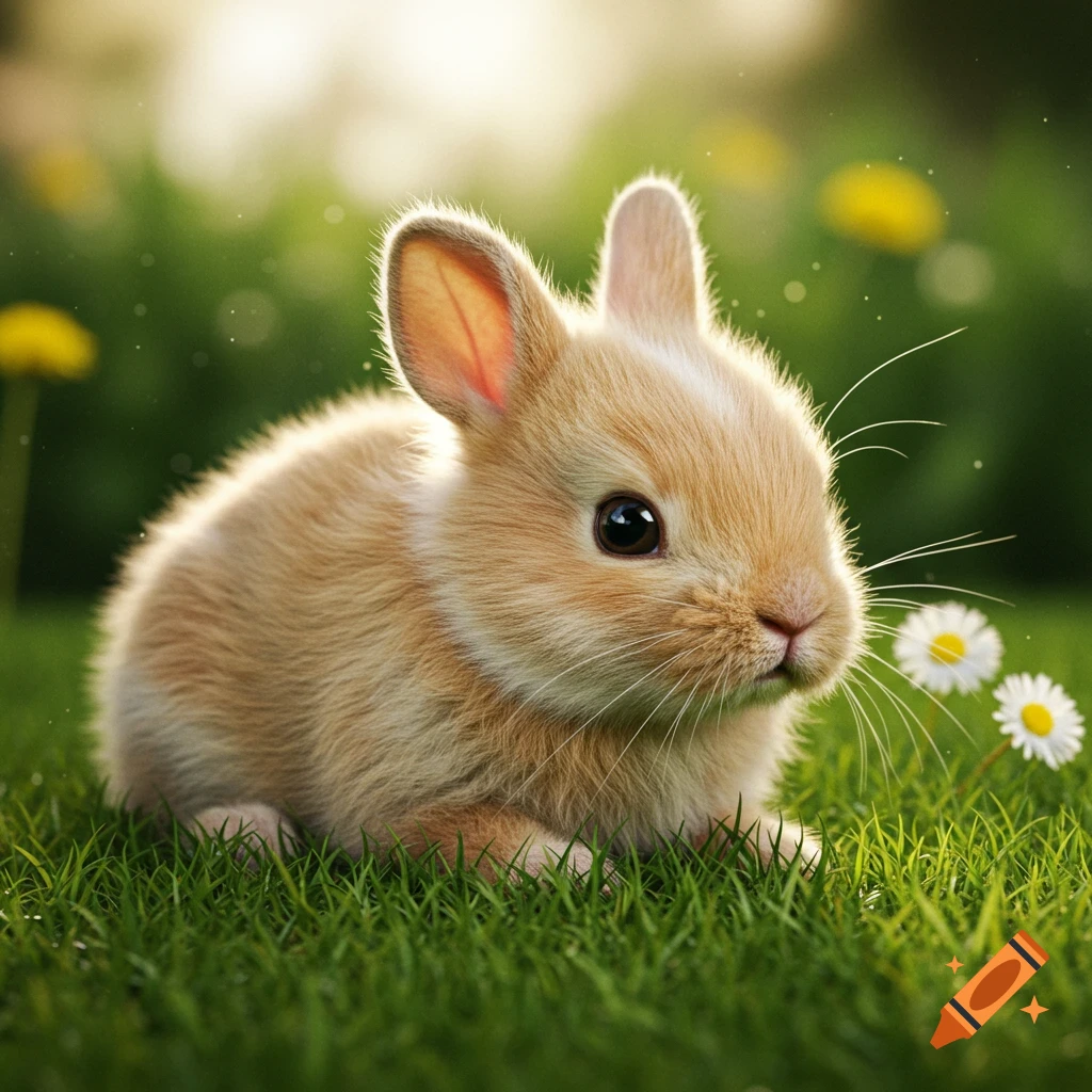 A fluffy light brown baby bunny with big eyes sits in lush green grass with soft focus flowers and sunlight.