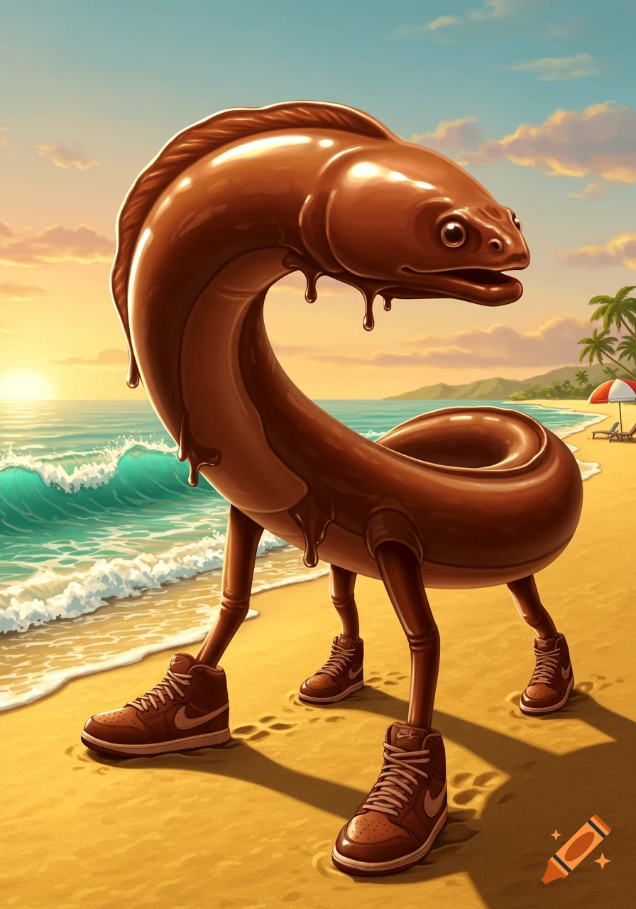 A whimsical chocolate eel-like creature with four legs and brown sneakers stands on a sunny beach with waves.