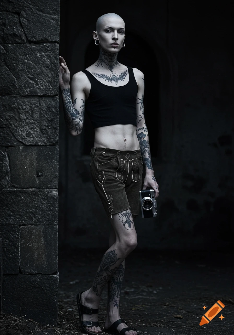 Photorealistic image of a bald, tattooed person in a crop top and shorts, leaning against a stone wall, holding a vintage camera.