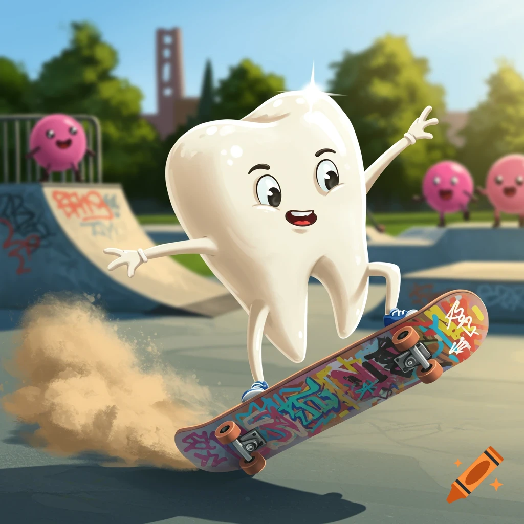 A happy anthropomorphic cartoon tooth performs a trick on a skateboard in a sunny skate park, with other pink characters in the background.