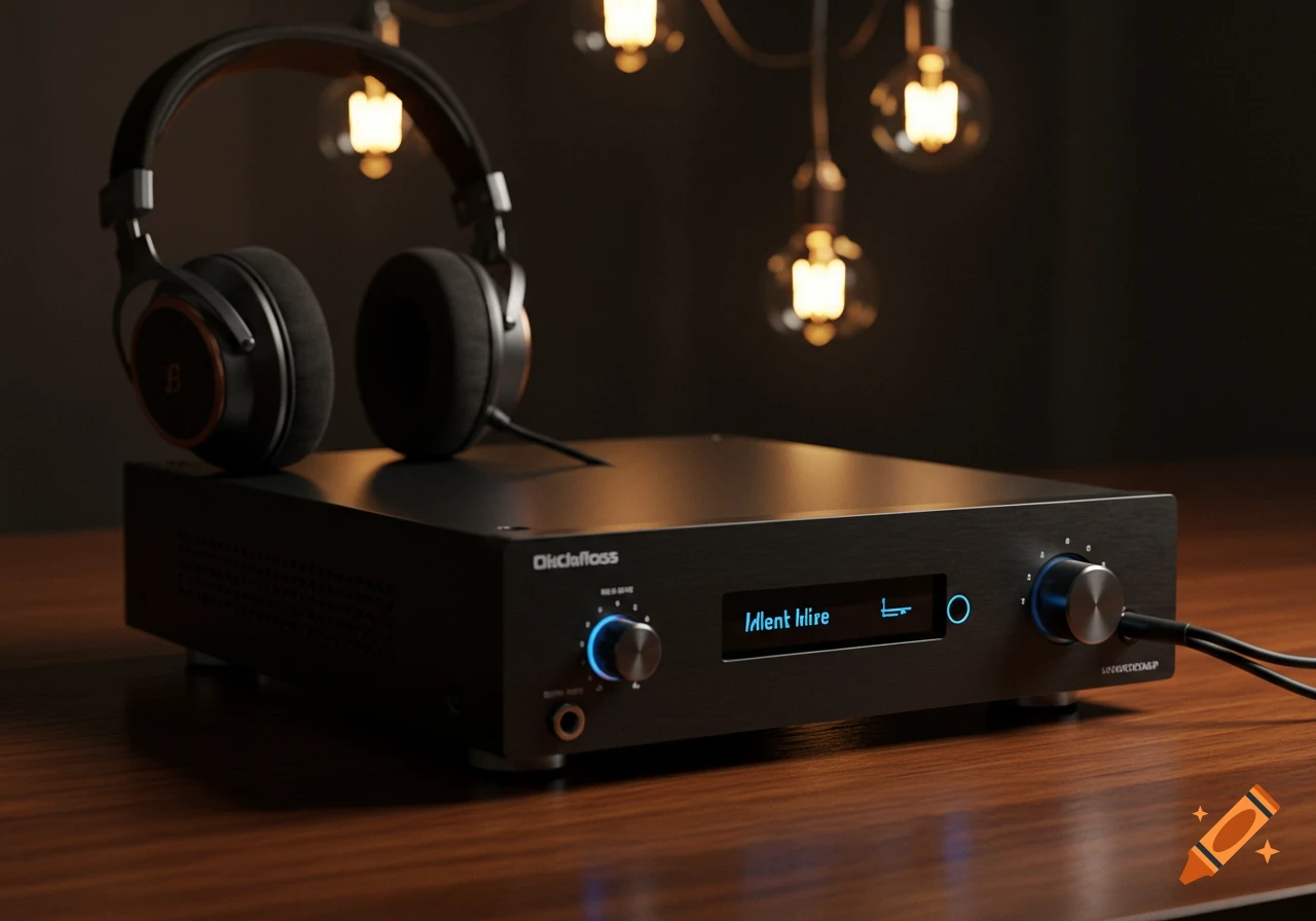 A pair of black headphones rests on a desktop audio amplifier with glowing blue lights and vintage-style light bulbs in the background.