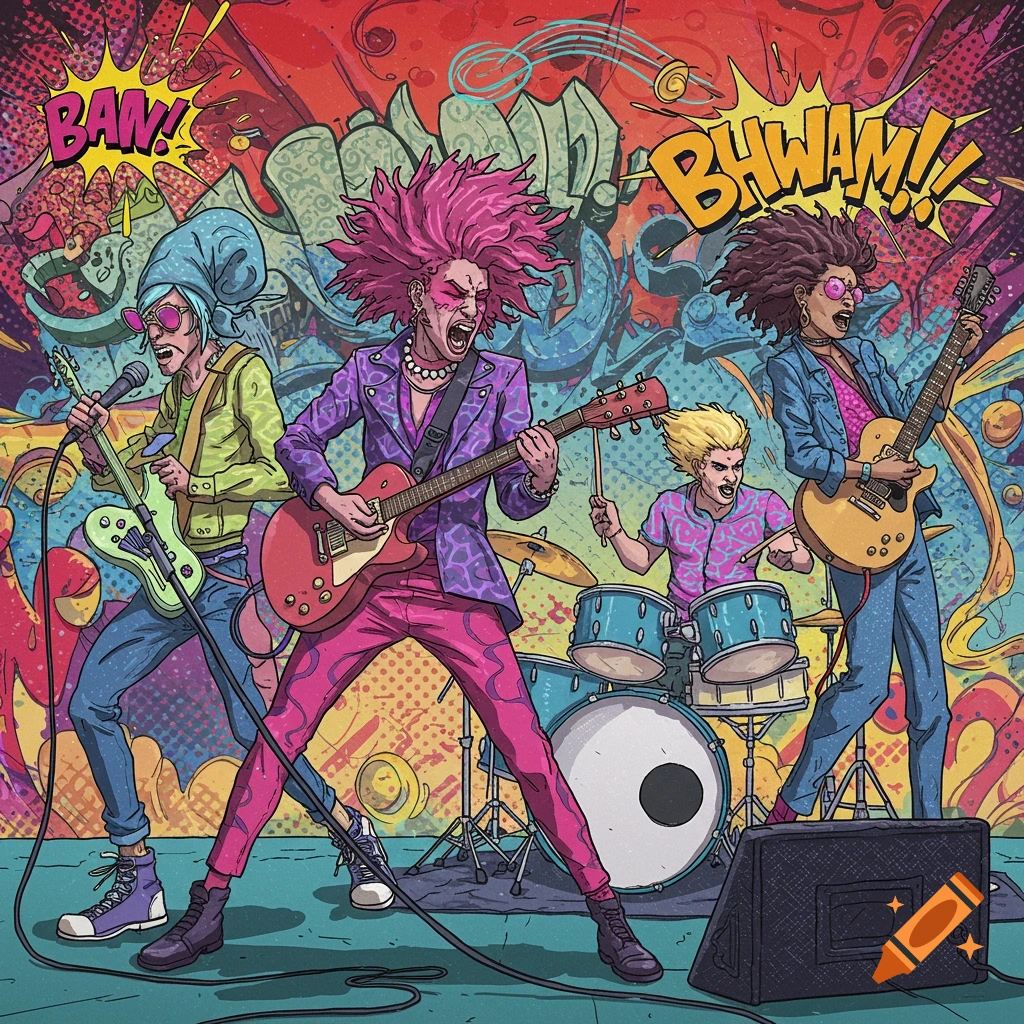 Vibrant comic illustration of an energetic punk rock band performing on stage with guitars, drums, and comic sound effects 'BAN!' and 'BHWAM!'.